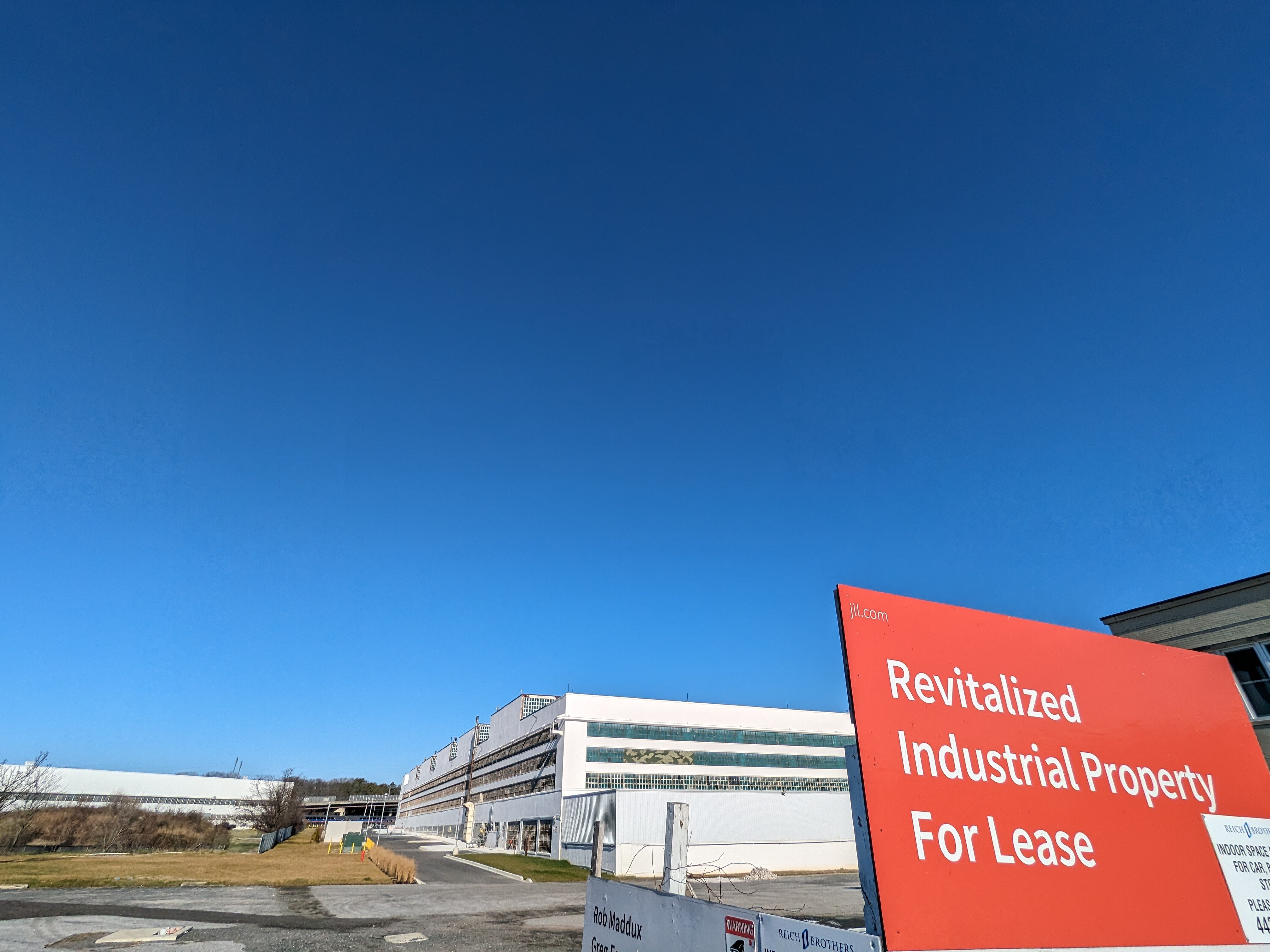 A photo of a warehouse in Baltimore County advertising industrial space for lease.