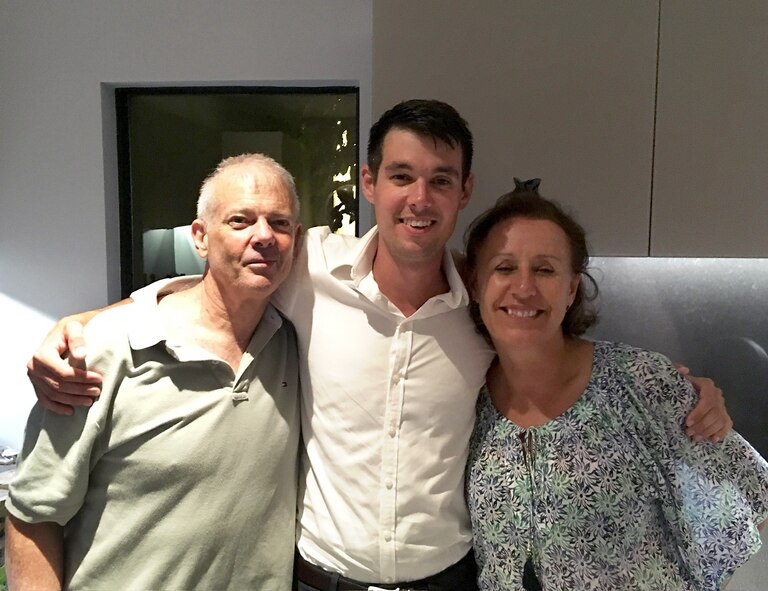 Vincent Andrews, center, with his parents Dr. David Andrews and Isabelle De Gaulejac Andrews in Miami in 2016.