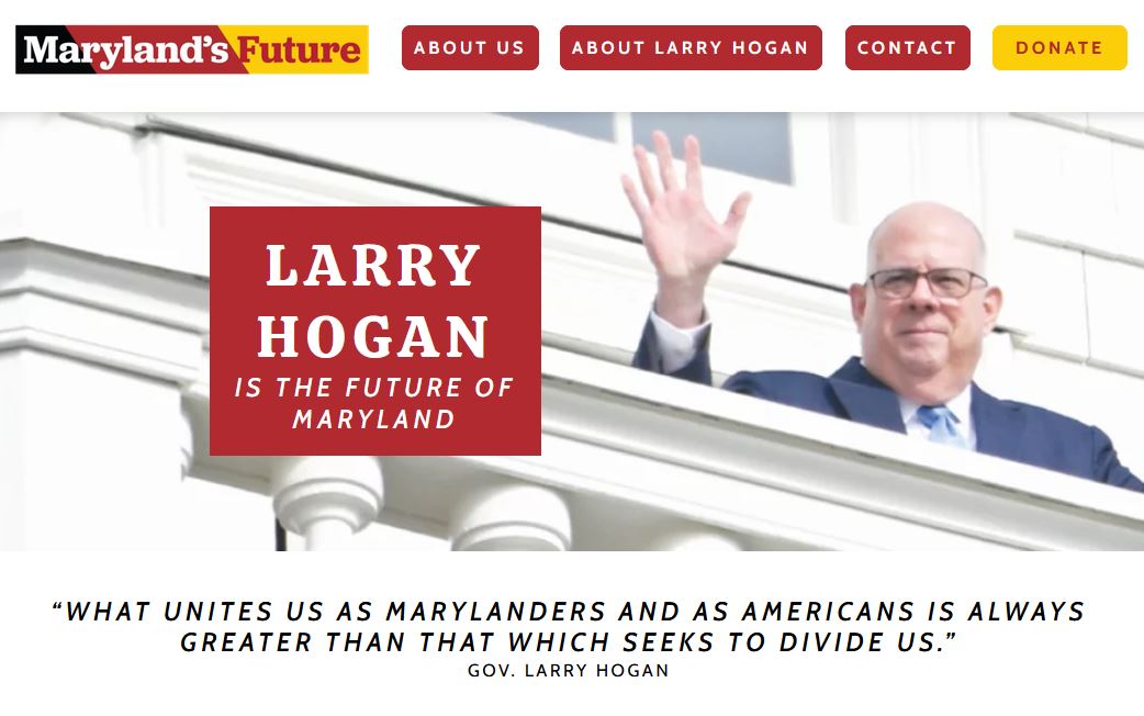 A screenshot of the homepage of the Maryland's Future super political action committee includes a yellow "donate" button that redirected to a fundraising page for the Hogan for Maryland campaign committee. A Democratic voter has filed a Federal Elections Commission complaint, alleging the "donate" button violates campaign finance laws.