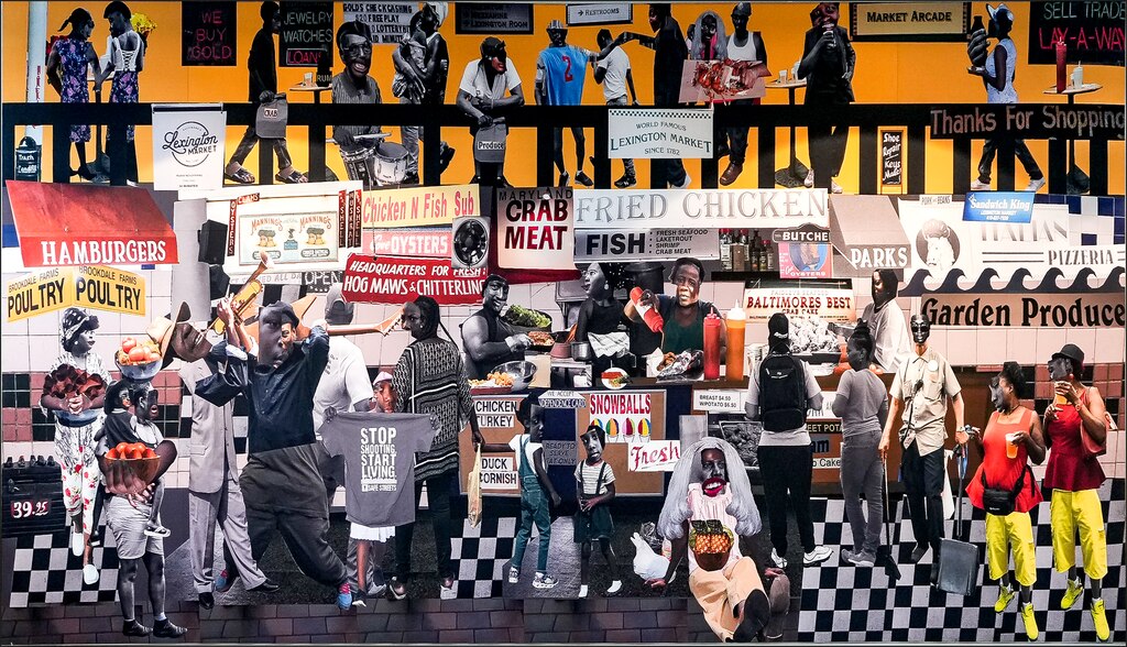 Artist Shan Wallace, has been creating collages from her photography for many years. Wallace's collage for the newly constructed Lexington Market are based upon her own experiences growing up in the old Lexington Market as a youth.