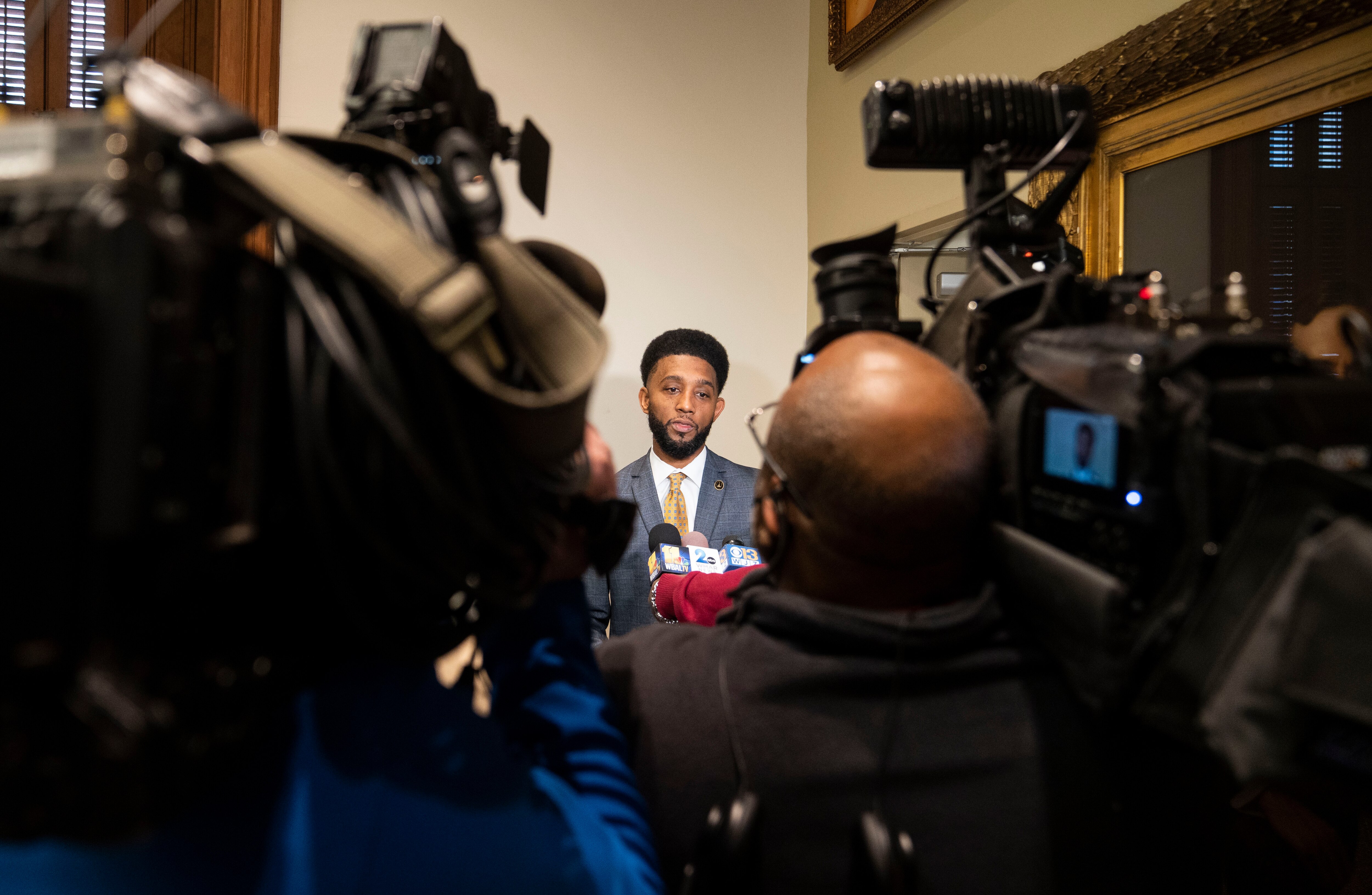 Mayor Brandon Scott speaks to media after the Board of Estimates meeting at City Hall in Baltimore, February 15, 2023.