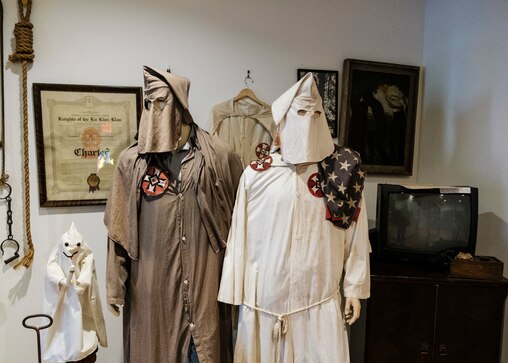 An Ku Klux Kan exhibit is seen at the Slave Museum on August 30, 2025 in Sandy Spring, Maryland. The state of Maryland is currently working on a project for Freedmen’s State Park, to tell the story of Enoch George Howard, his family and, more broadly, enslaved Marylanders.