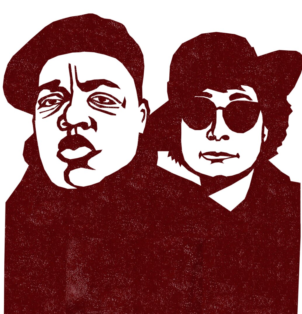 An illustration of Notorious B.I.G. and Yoko Ono from Mark Swartz's “The Music Never Died: Tales From the Flipside.”