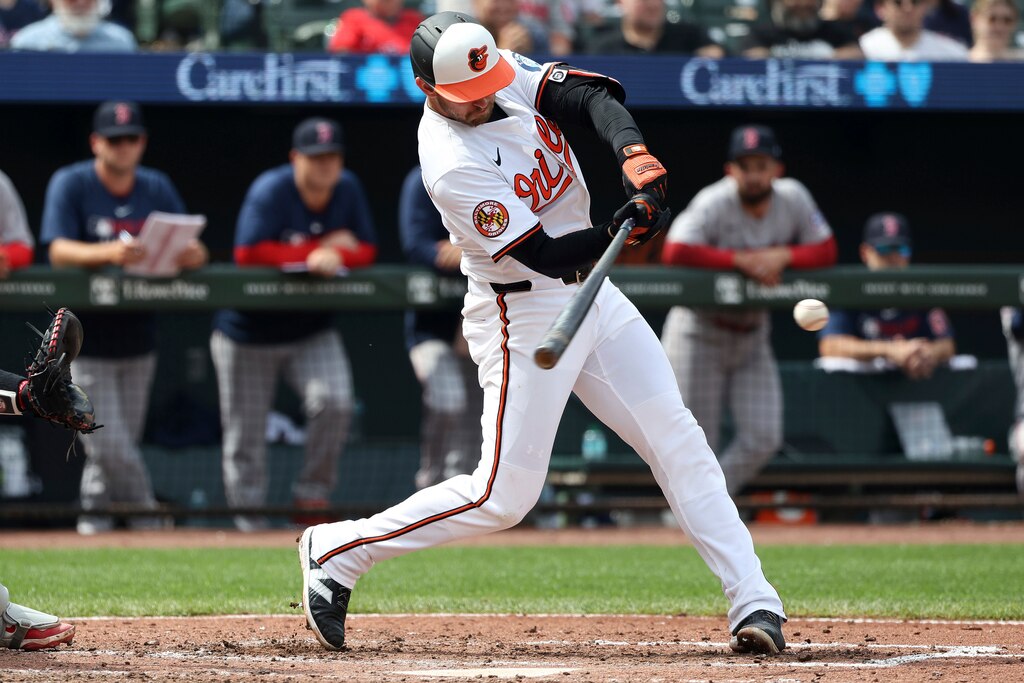 Baltimore Orioles' Jordan Westburg grounds out during the fifth inning of a baseball game against the Boston Red Sox, Thursday, April 3 2025.