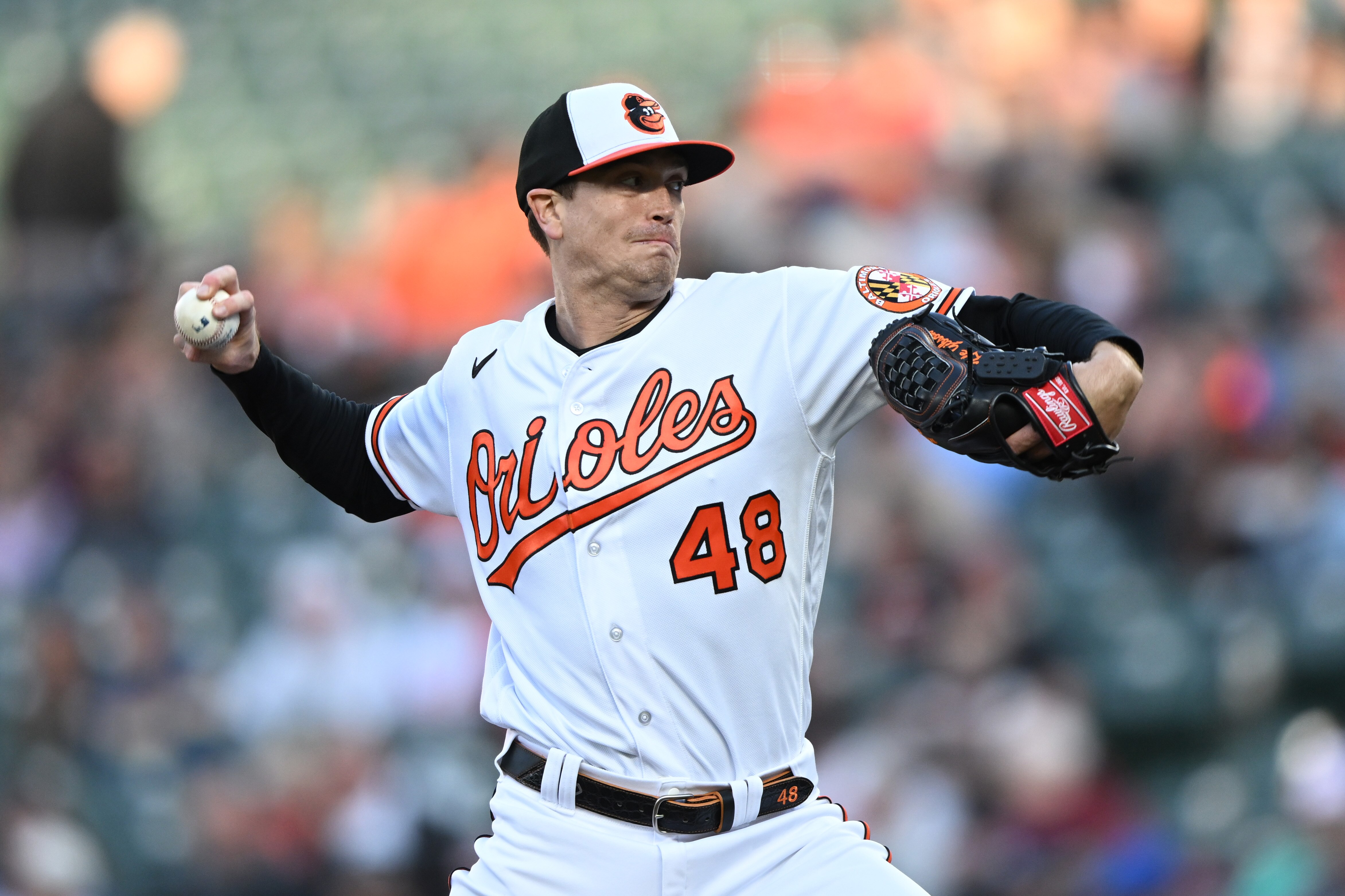 Baltimore Orioles pitcher Kyle Gibson throws against the Oakland Athletics in the first inning of a baseball game on Monday, April 10, 2023, in Baltimore.