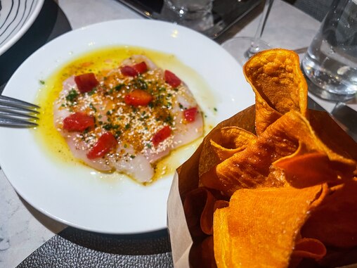 Fluke crudo at Wye Oak Tavern paired with sweet potato chips.