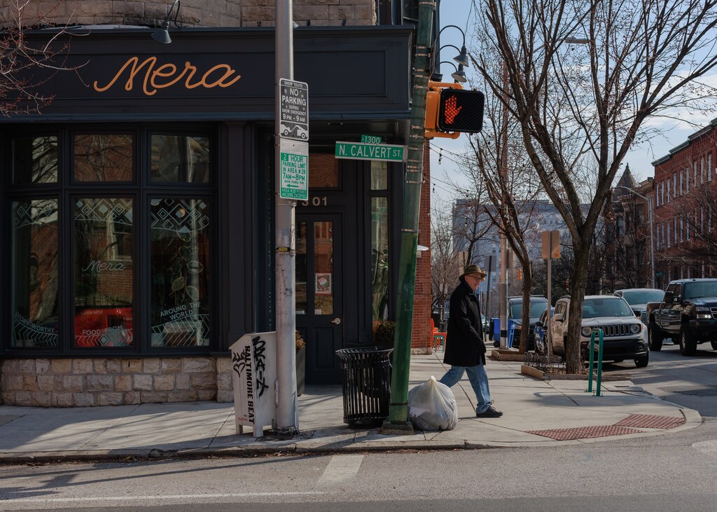 Bagged trash from public trash cans await pickup by the Midtown Community Benefits District in the Mount Vernon neighborhood of Baltimore, MD on March 4, 2025.