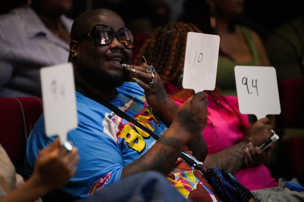 The judges grade Black Chakra’s performance in the Charm City Slam Finals at the Chesapeake Shakespeare Company in Baltimore, Md. on Tuesday, July 22, 2025.