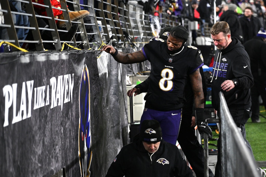 Baltimore Ravens quarterback Lamar Jackson (8) leaves the field during the first half of an NFL football game against the New England Patriots, Sunday, Dec. 21, 2025, in Baltimore.