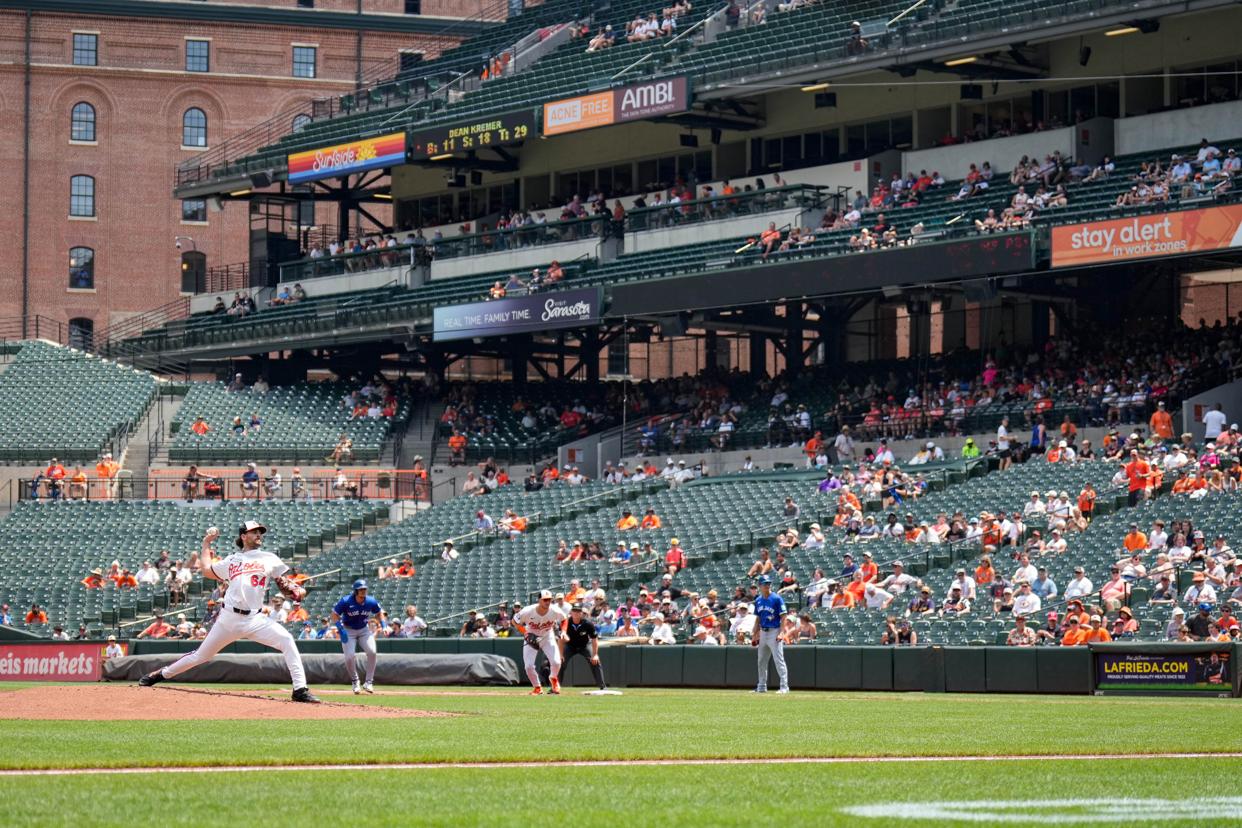 A sparse crowd watches Orioles starter Dean Kremer pitch during Wednesday’s game at Camden Yards.