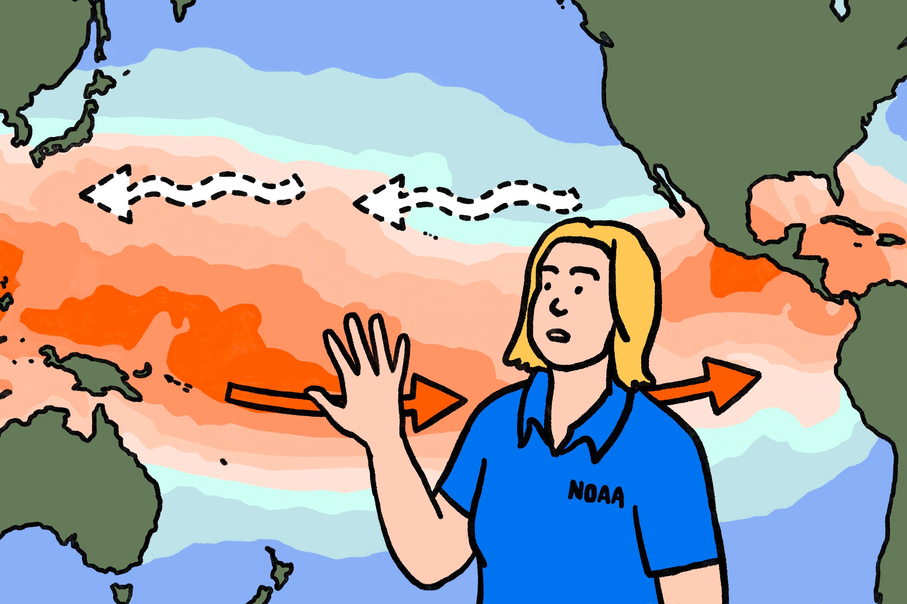 Illustration of NOAA scientist gesturing toward graphic showing red and orange areas of the Pacific ocean between Papua New Guinea and South America to indicate warmer water temperatures.