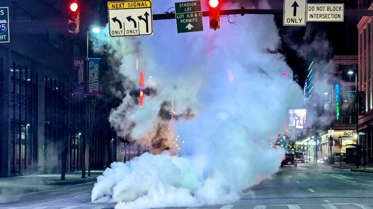 A column of steam forms above the East Lombard Street at Calvert in Baltimore on Jan. 20. 2025, almost exactly two months before I spotted Baltimorehenge at the same spot.