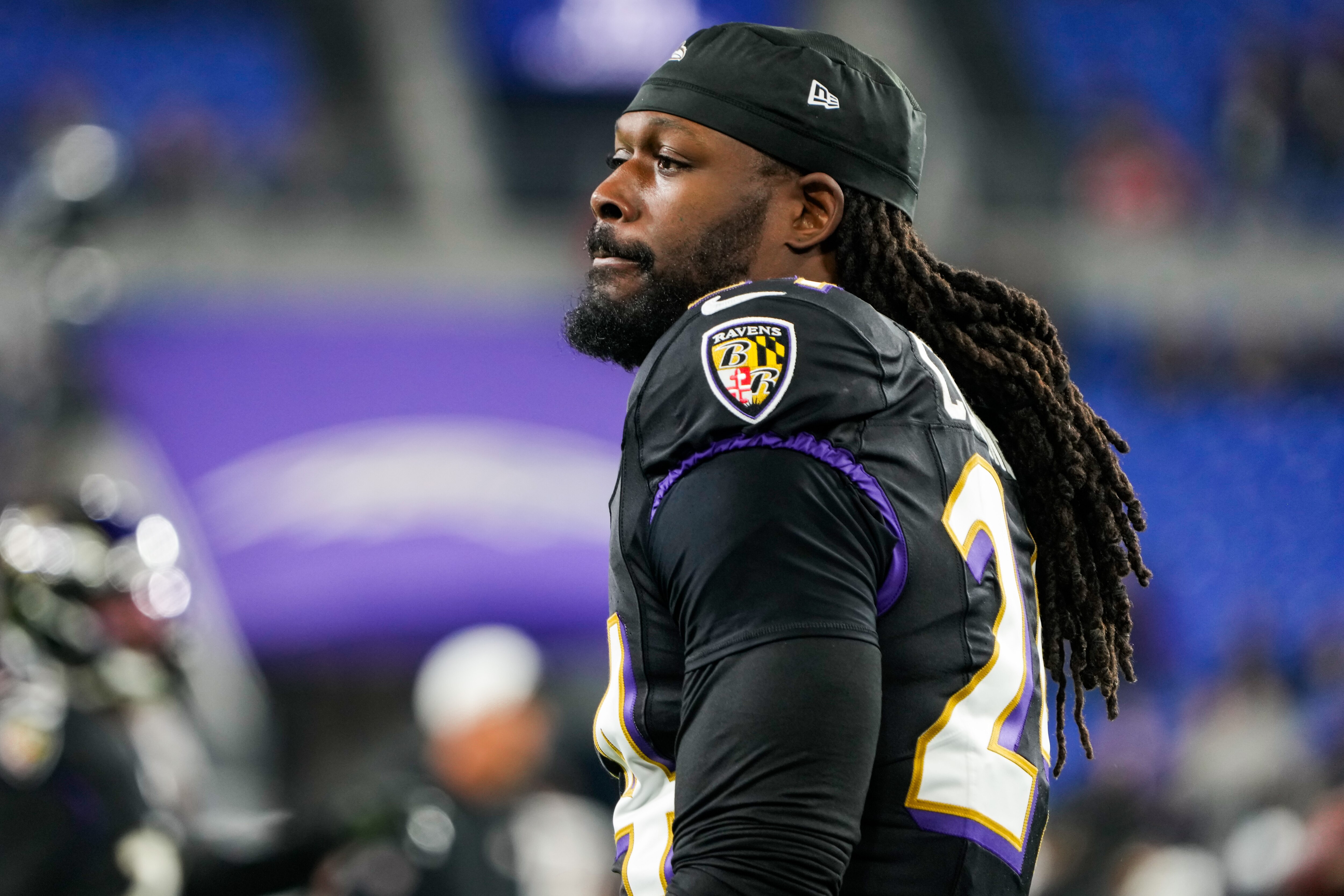 Baltimore Ravens linebacker Jadeveon Clowney (24) during warmups before the game against the Cincinnati Bengals at M&T Bank Stadium on Thursday, Nov. 16, 2023.