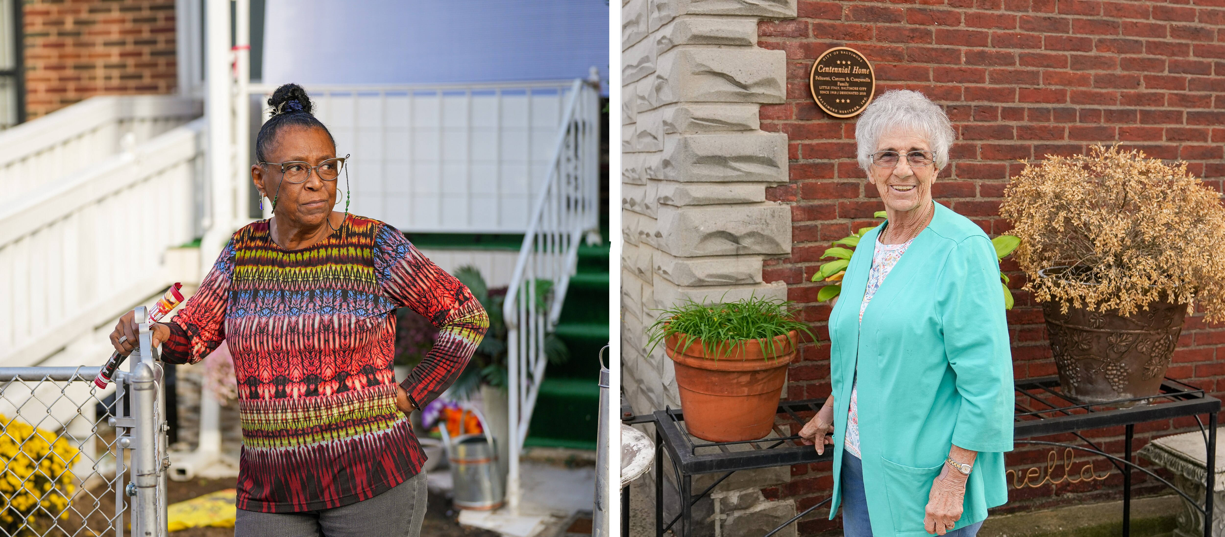 (left) Betty Davis, takes a portrait in front of her family home in Allendale, Baltimore, MD, on November 10, 2022. 
(right) Maryanne Campanella, stands in front of her family home in Little Italy, Baltimore, MD, on November 10, 2022. Campanella's family has occupied this home for more than 100 years.