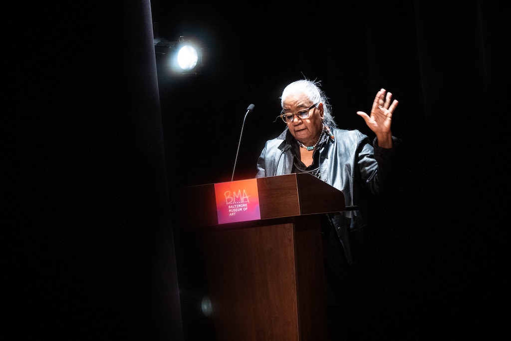 Leslie King Hammond, Dean Emeritus of the Maryland Institute College of Art's graduate school, speaks ahead of “A Baltimore Homecoming: Amy Sherald & Asma Naeem in Conversation” at the Baltimore Museum of Art.