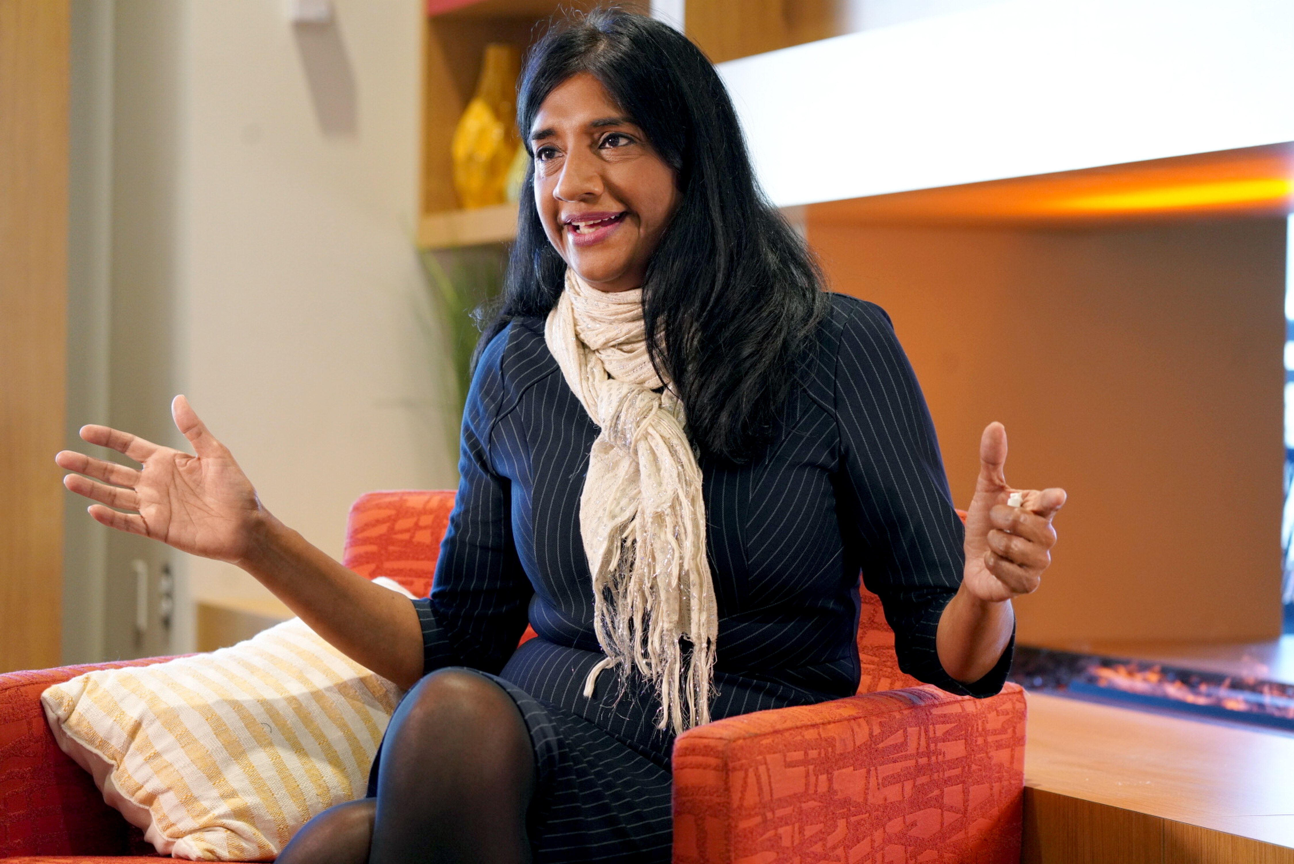 Lieutenant governor-elect, Aruna Miller poses for a few candid photo during an interview at the Baltimore Banner.  Miller, a Democrat from Montgomery County, is a transportation engineer by training, served in the Maryland House of Delegates, immigrated to the U.S. from India as a child, will be the first woman of color as Maryland lieutenant governor.