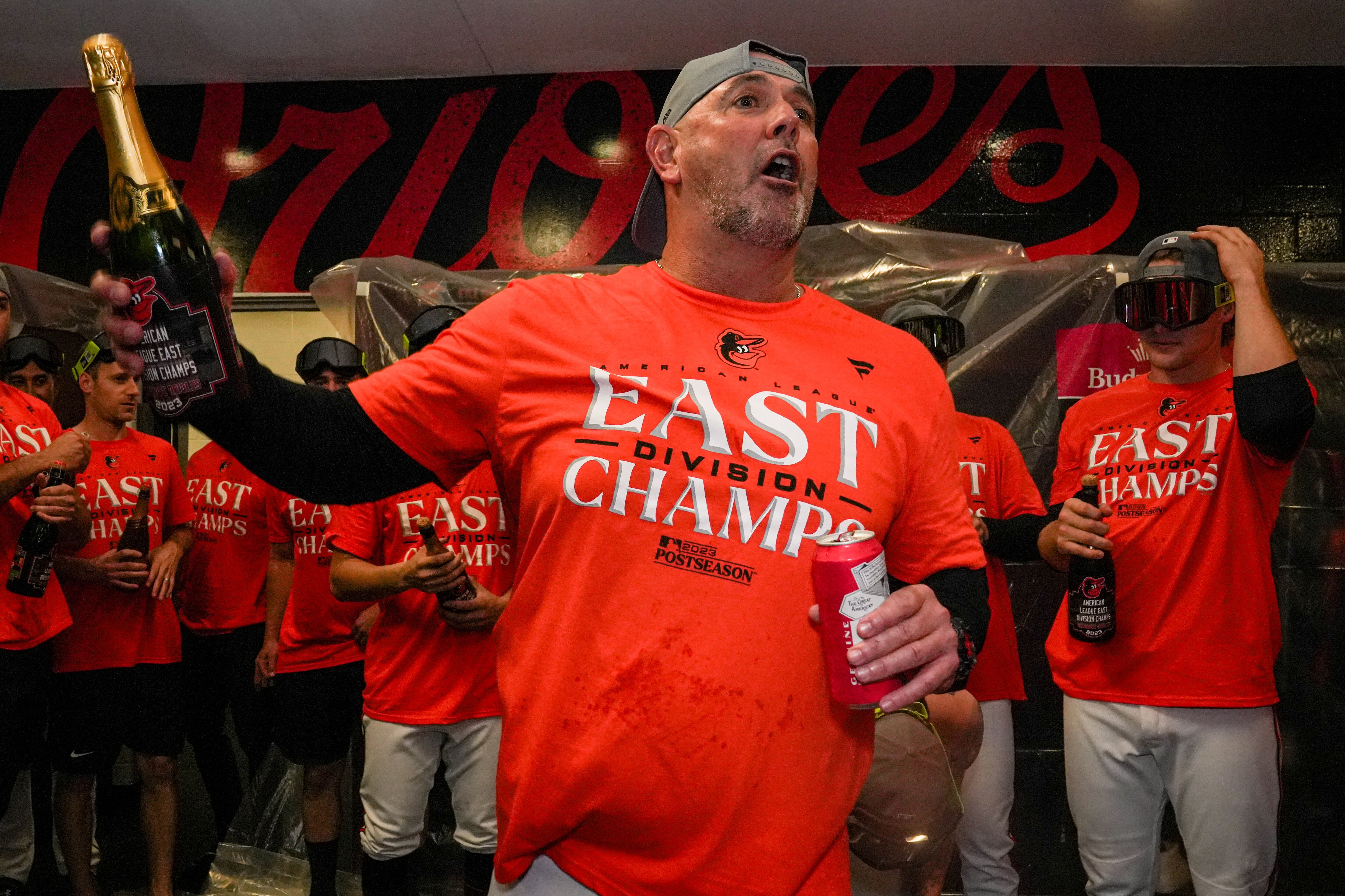 Orioles manager Brandon Hyde gives a speech in the locker ream after the team secured the division title in 2023.