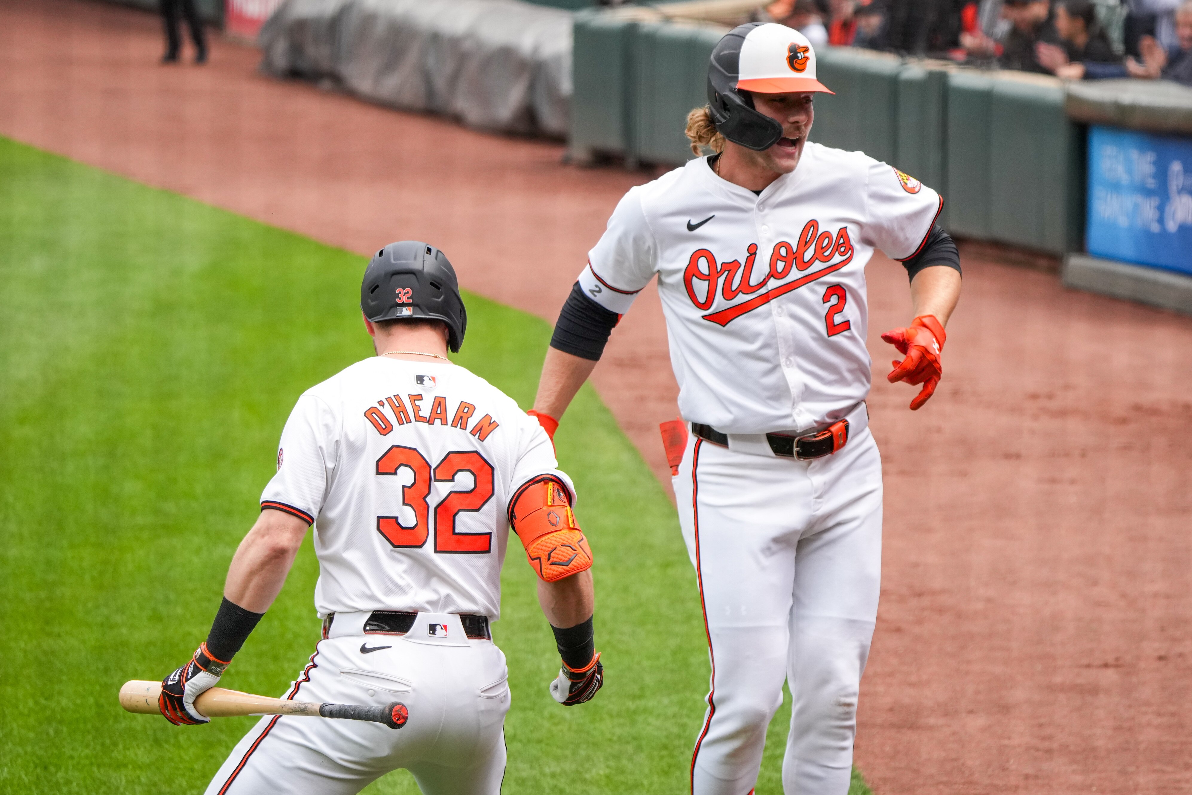 Orioles shortstop Gunnar Henderson receives a greeting from Ryan O’Hearn after hitting one of his 10 home runs this season during a game in April.