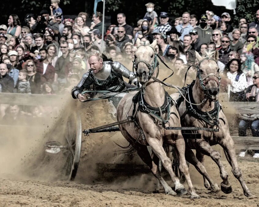 A charioteer performs at the Maryland Renaissance Festival tournament grounds in Crownsville. The annual fair runs from Aug. 26 though Oct. 22 this year.