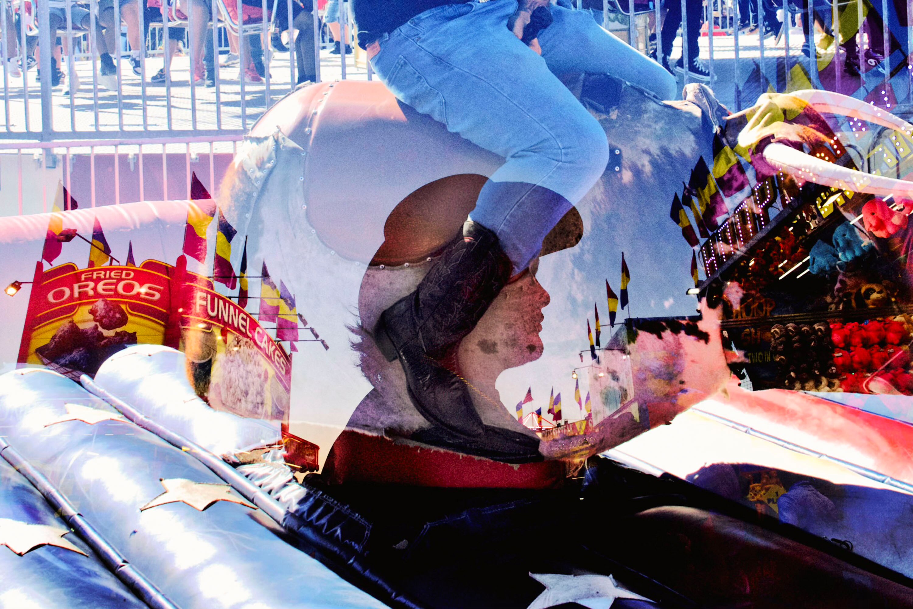 A double exposure of bull riding at the Maryland State Fair on Labor Day September 2, 2024.