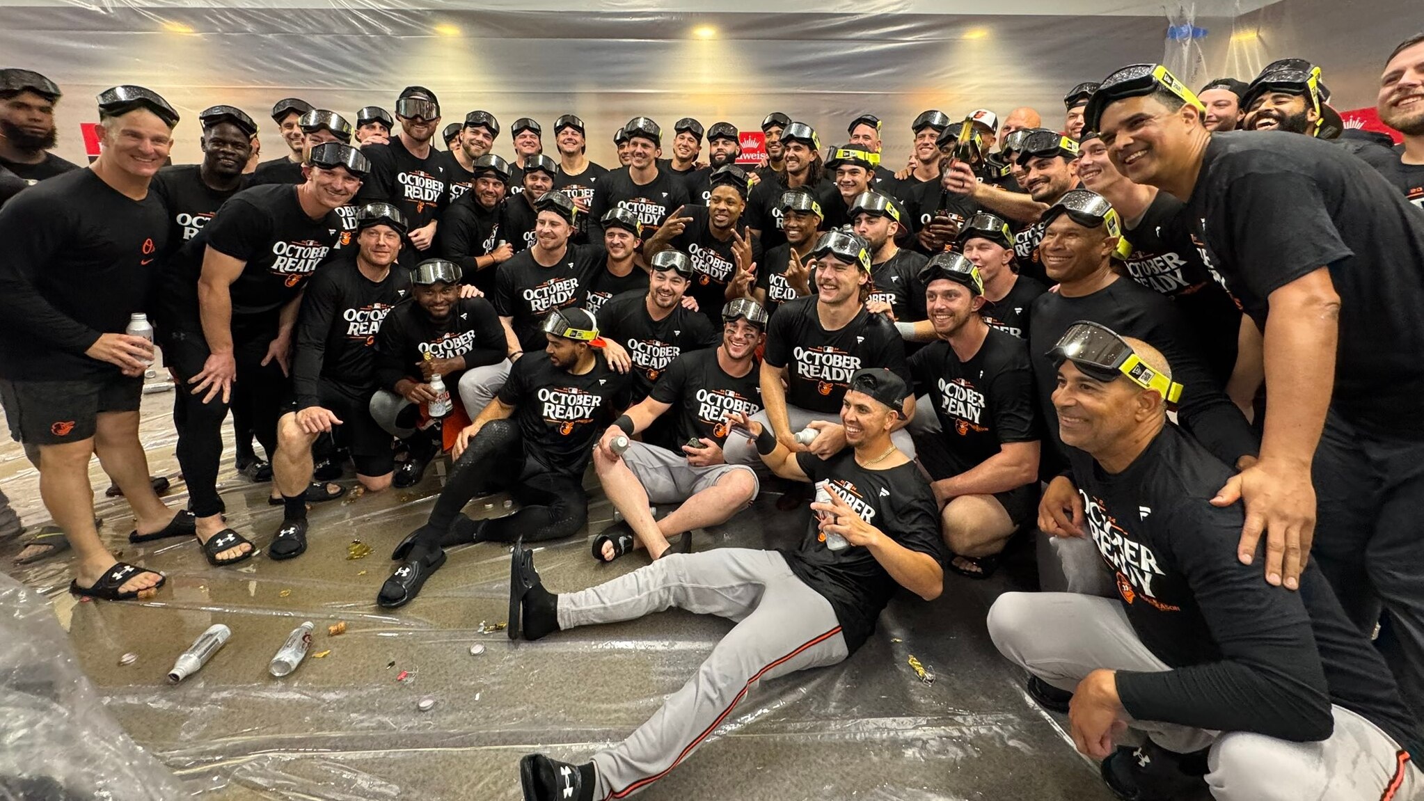 The Orioles pose for a team photo after clinching a playoff spot for the second straight season.