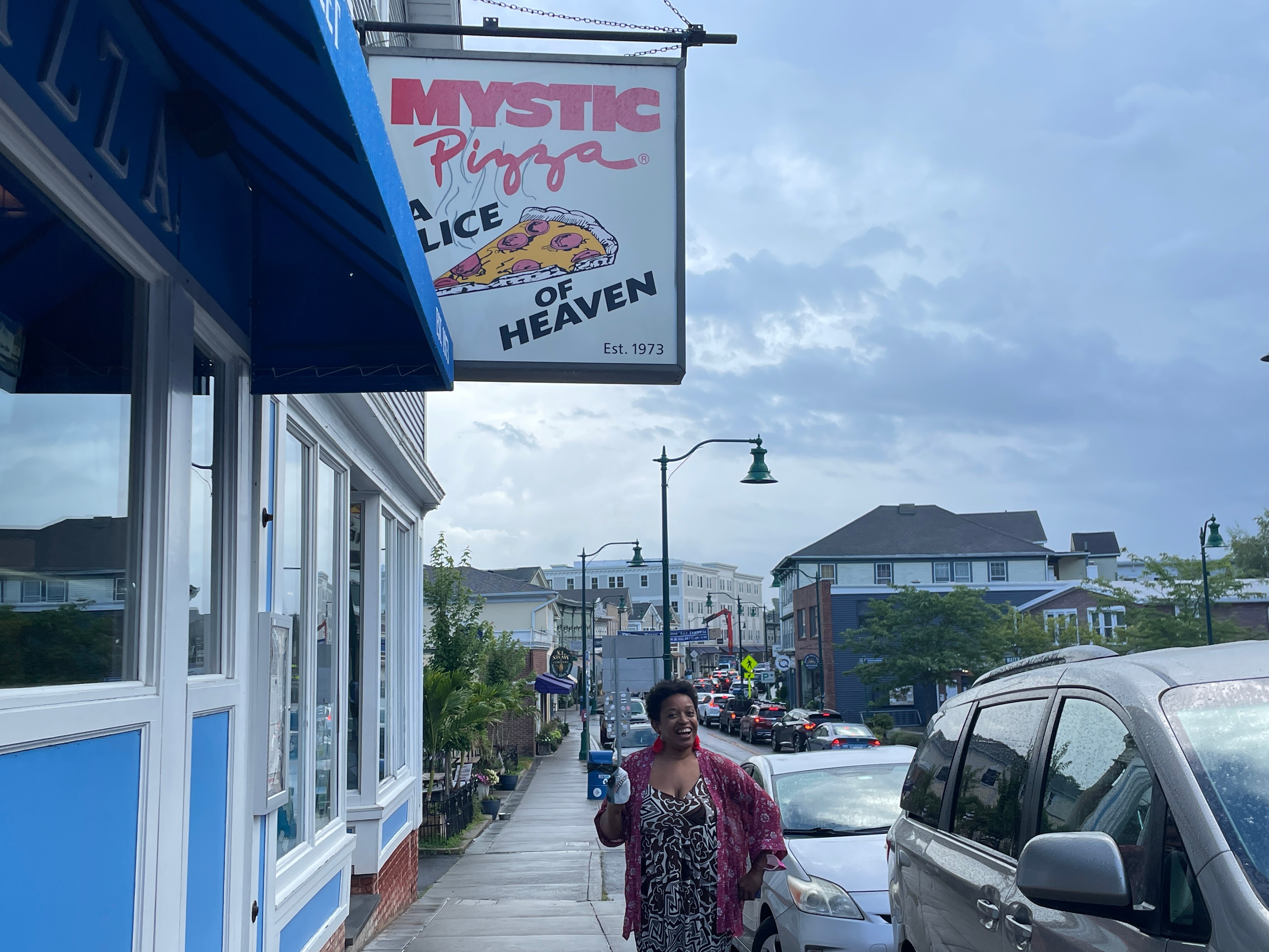Leslie Gray Streeter got to take a photo at Mystic Pizza in Connecticut. But she almost missed the next leg of her trip due to weather and the results of climate change.