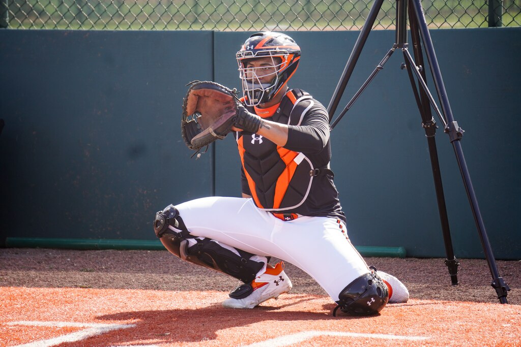 THURSDAY FEBRUARY 13, 2025 — Orioles prospect Samuel Basallo catches a bullpen session
at Ed Smith Stadium in Sarasota, Florida.