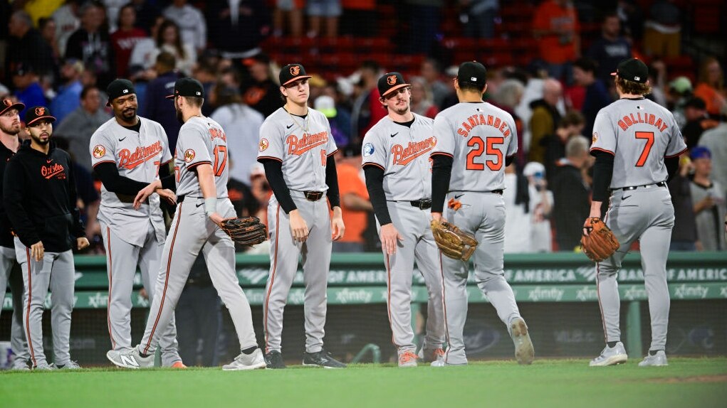 BOSTON, MASSACHUSETTS - SEPTEMBER 10: Members of the Baltimore Orioles celebrate after the win over the Boston Red Sox at Fenway Park on September 10, 2024 in Boston, Massachusetts. (Photo by Jaiden Tripi/Getty Images)