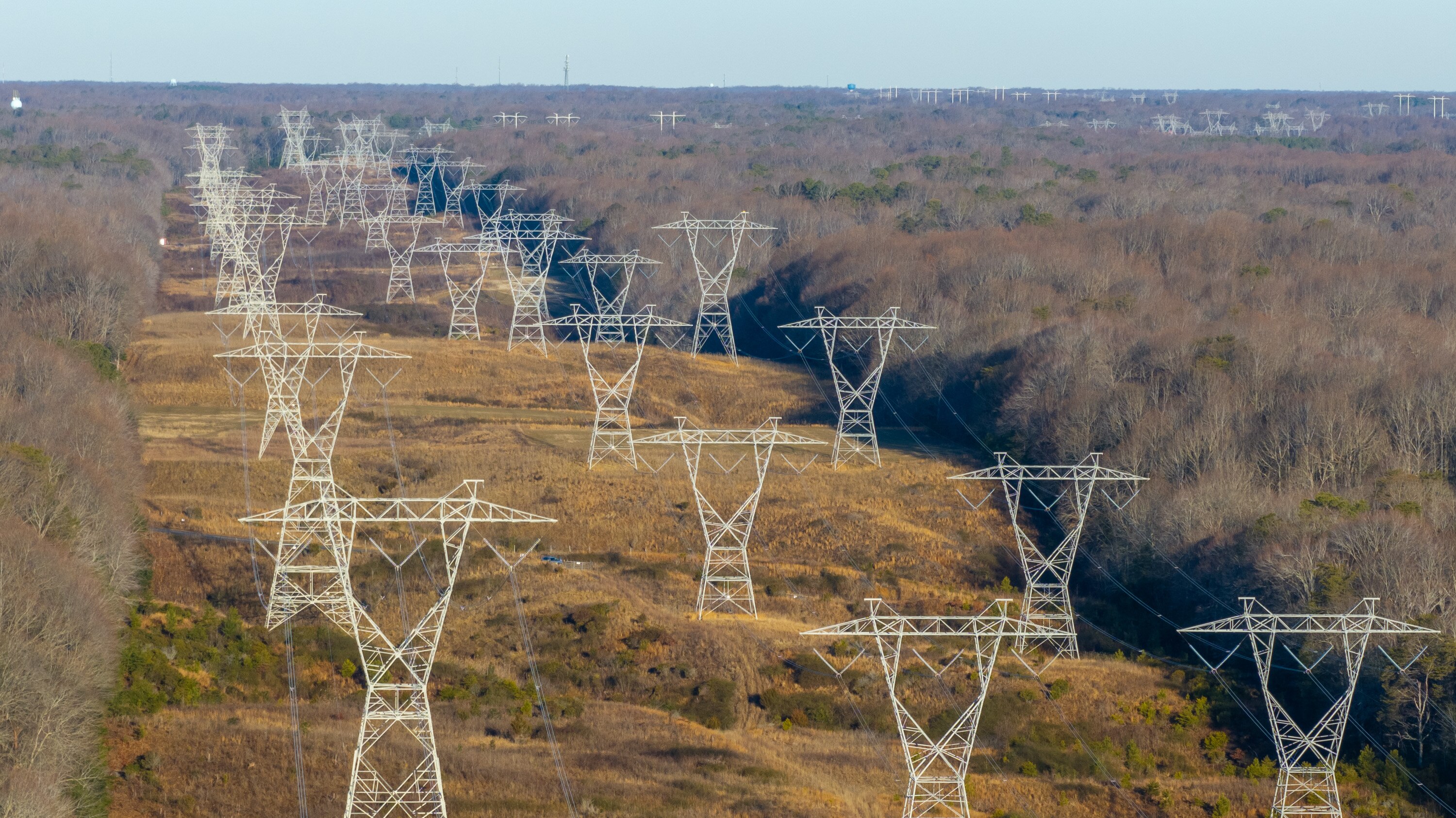 Transmission lines travel north from Calvert Cliffs Clean Energy Center, Constellation’s nuclear power plant in Lusby. 