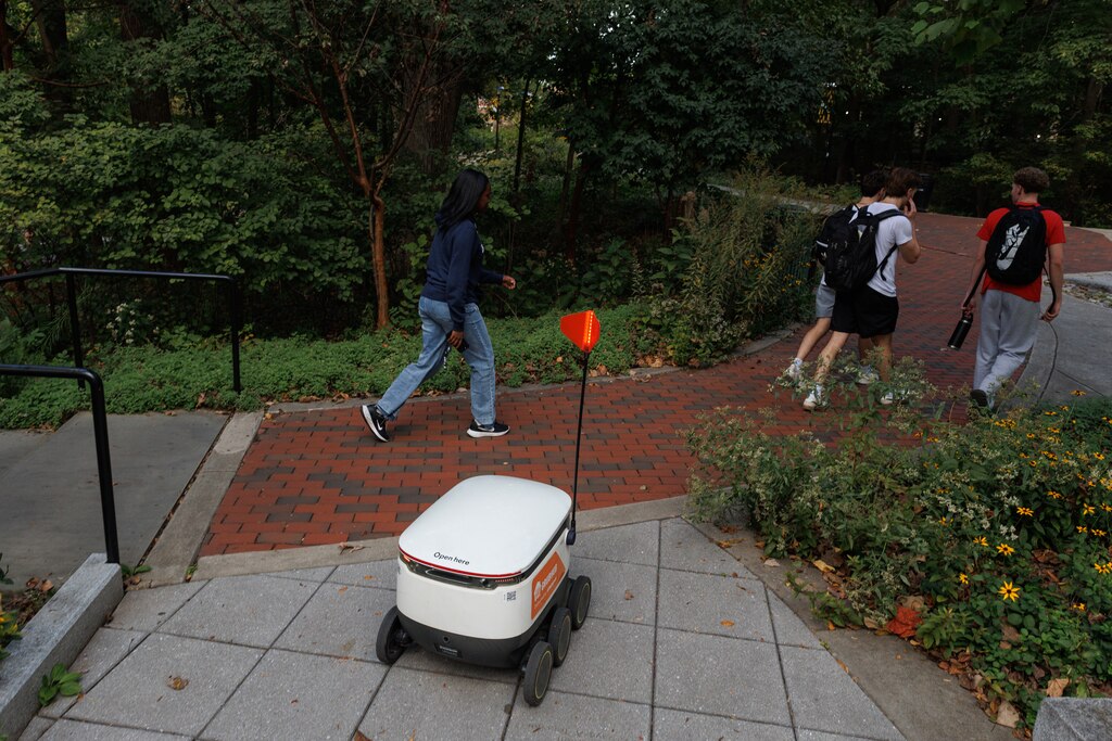 Friday, Oct. 10, 2025 in Towson- GrubHub food delivery robots take food from on-campus eateries to anywhere on the Towson University campus.