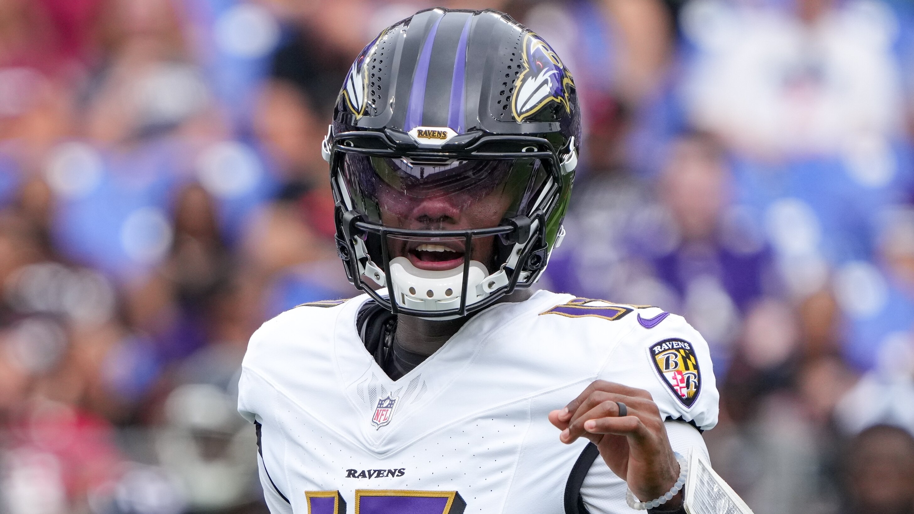 Baltimore Ravens quarterback Josh Johnson (17) calls an audible during a preseason game against the Atlanta Falcons at M&T Bank Stadium in Baltimore on August 17, 2024.