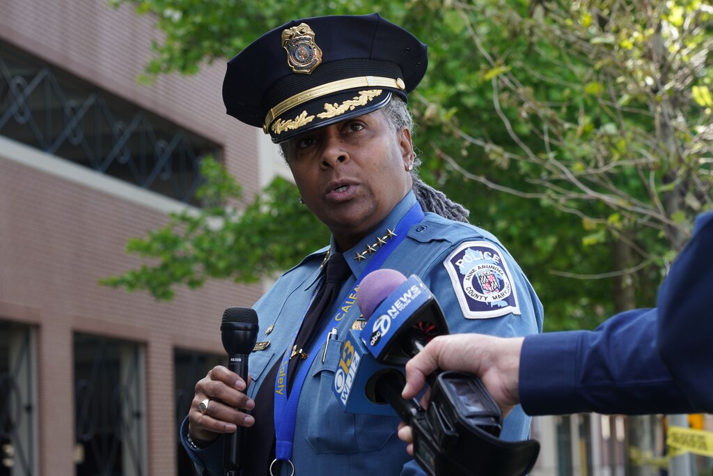 Anne Arundel County Police Chief Amal Awad addresses reporters.