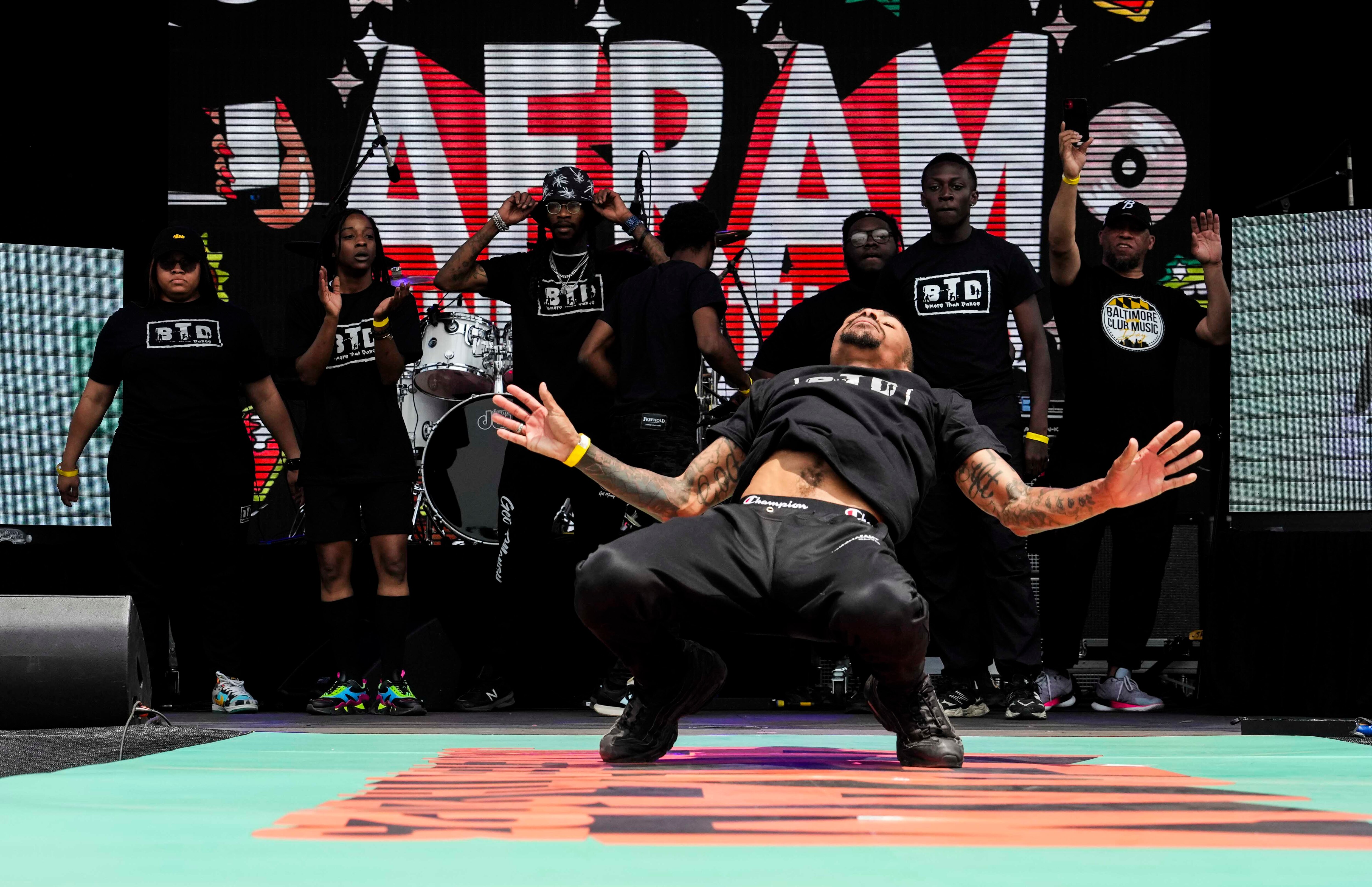 Dancers from TSU Dance Crew and BMore Than Dance Crew perform at AFRAM Juneteenth Festival on June 17, 2023 at Druid Hill Park. This is the first official Baltimore Club Music Day. 