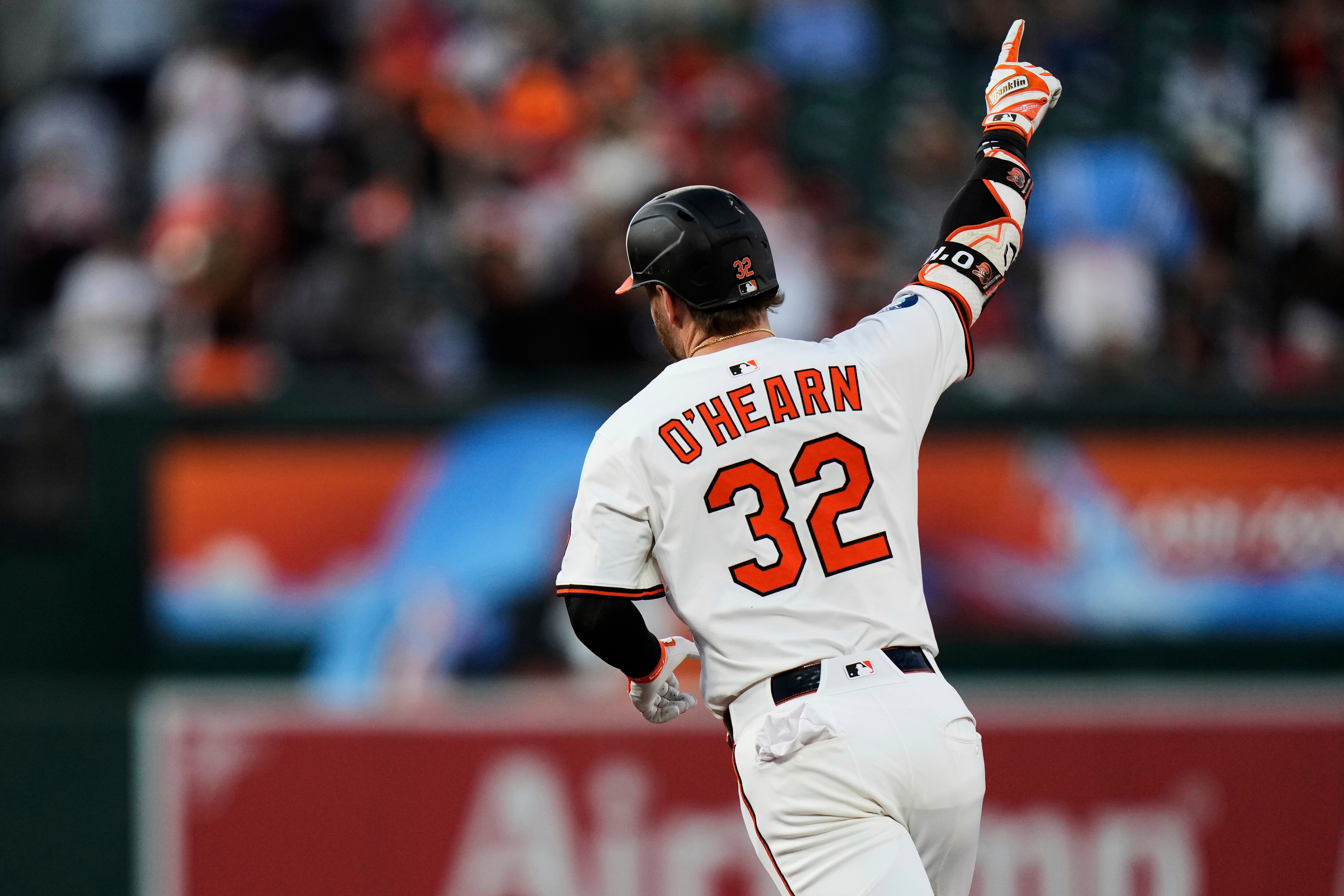 Baltimore Orioles' Ryan O'Hearn celebrates after hitting a three-run home run during the third inning of a baseball game against the New York Yankees, Monday, April 28, 2025, in Baltimore.