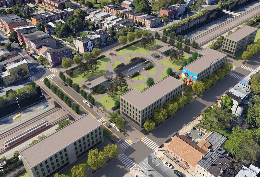 A digitally rendered image of a mostly green city park build over top of a highway.