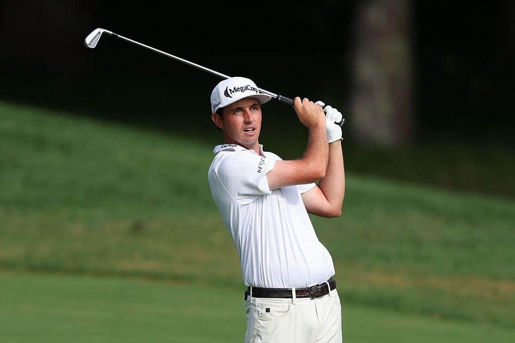 OWINGS MILLS, MARYLAND - AUGUST 14: J.T. Poston of the United States plays a second shot on the second hole during the first round of the BMW Championship 2025 at Caves Valley Golf Club on August 14, 2025 in Owings Mills, Maryland. (Photo by Andy Lyons/Getty Images)