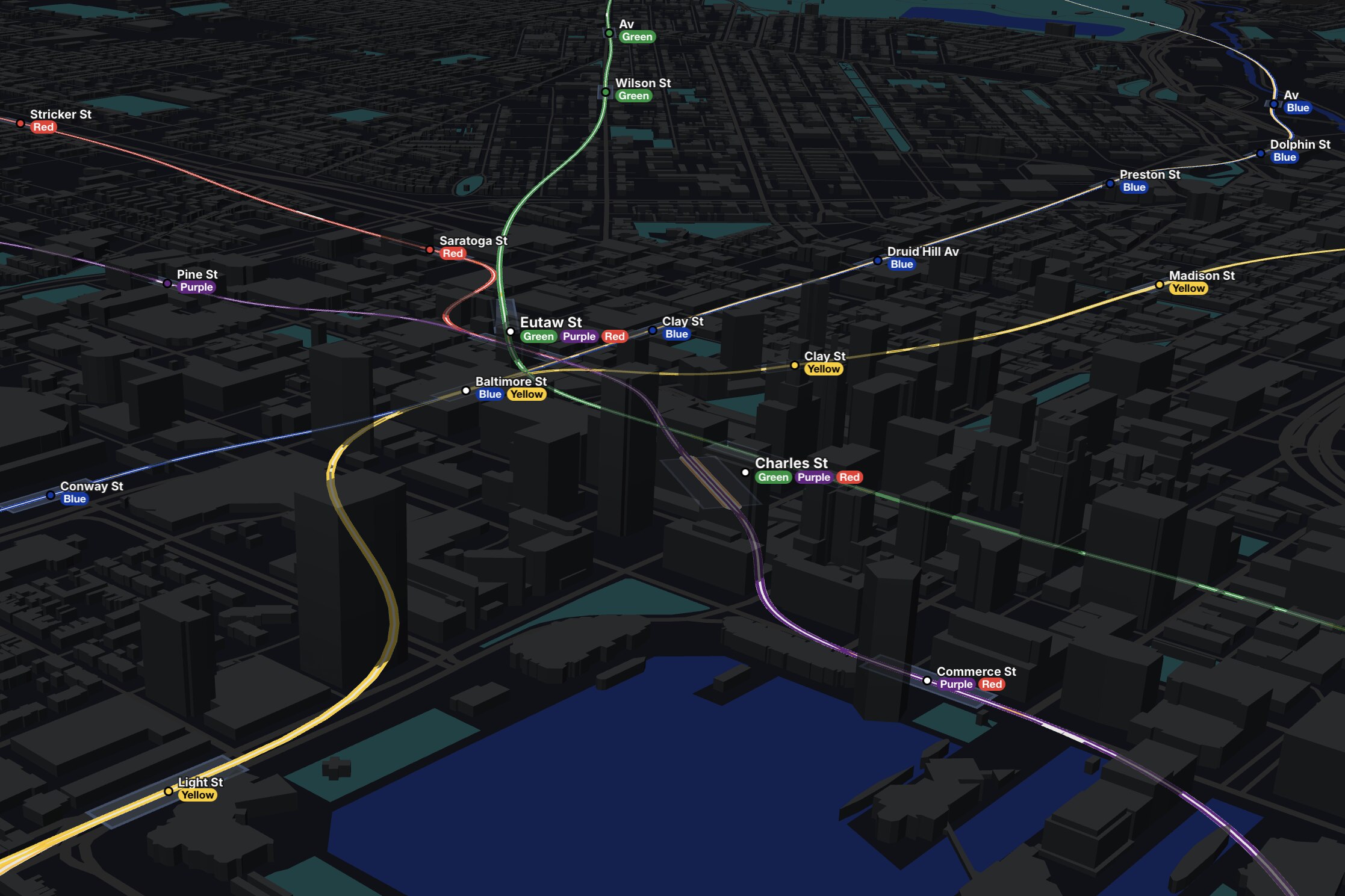 A simulation of potential subway lines in Baltimore, as imagined by Banner reporter Daniel Zawodny, using Colin Miller's Subway Builder.