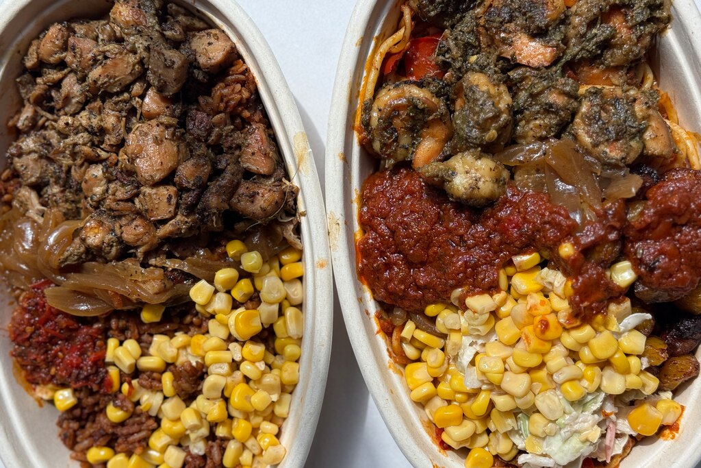 Jollof Bowl has jollof rice, left, and jollof noodle base options for its bowls.