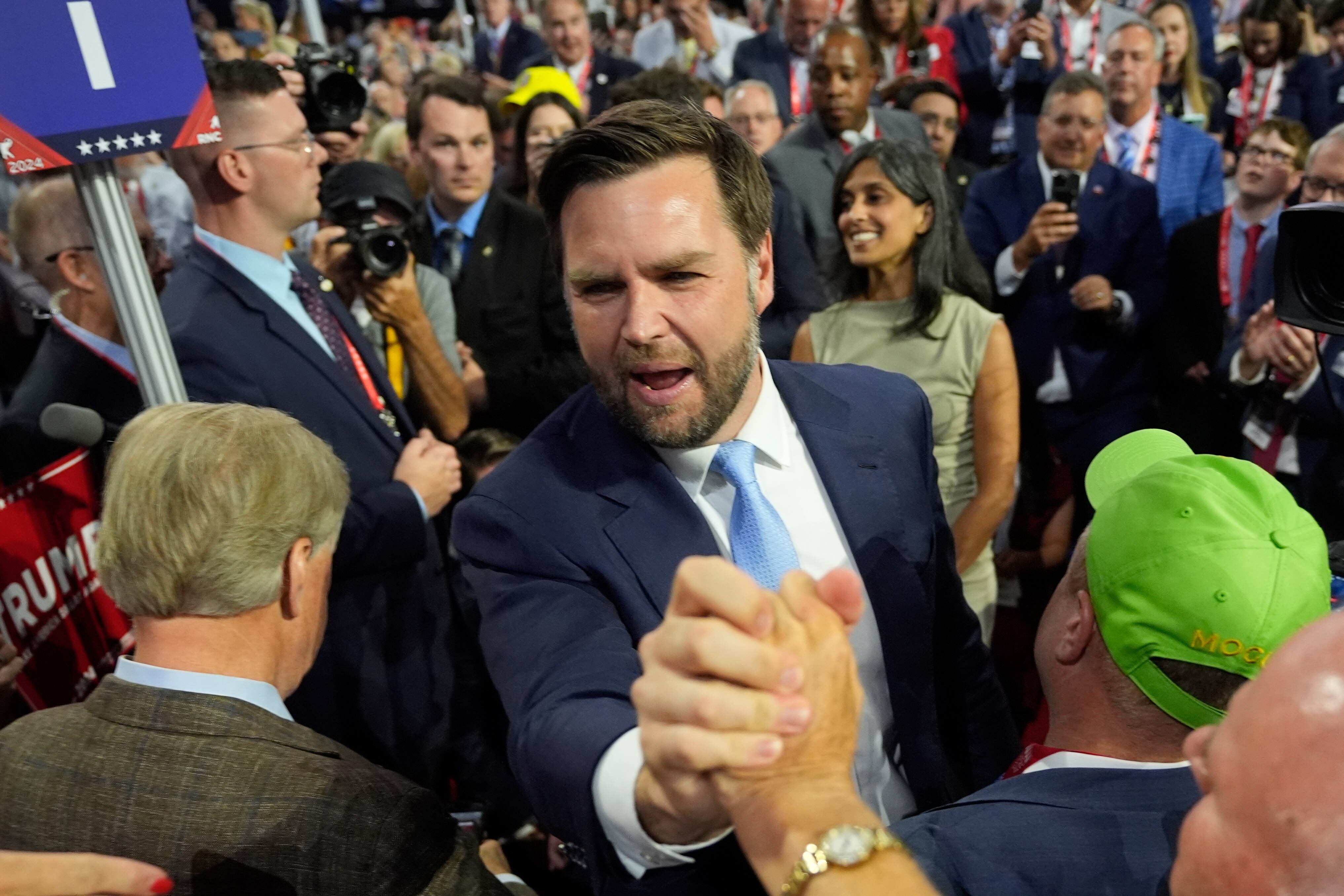 Republican vice presidential candidate Sen. JD Vance arrives at the Republican National Convention Monday, July 15, 2024, in Milwaukee. (AP Photo/Paul Sancya)