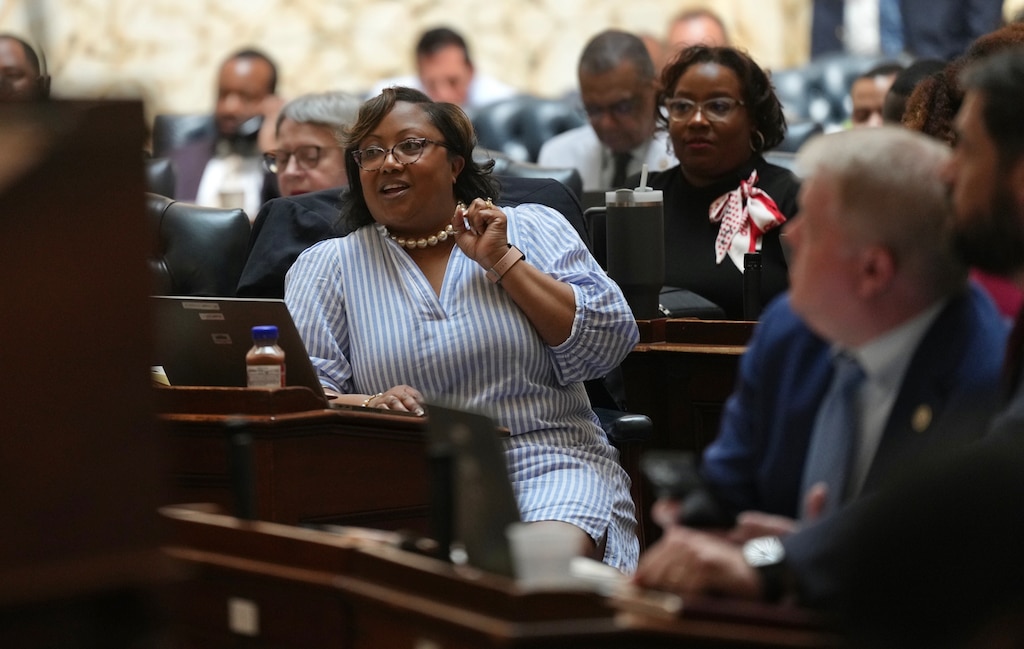 Del. Sheree Sample-Hughes, Eastern Shore Democrat and speaker pro-tem, wears seersucker inside the House Chamber on the last day of session, Sine Die, on April 10, 2023.