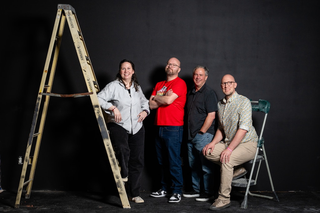 Highwire Improv owners (from left to right) Kristen McKenzie, Geoff Taylor, Brian Shea, and Barry Wright pose for a portrait on August 6, 2025 in Baltimore, MD.