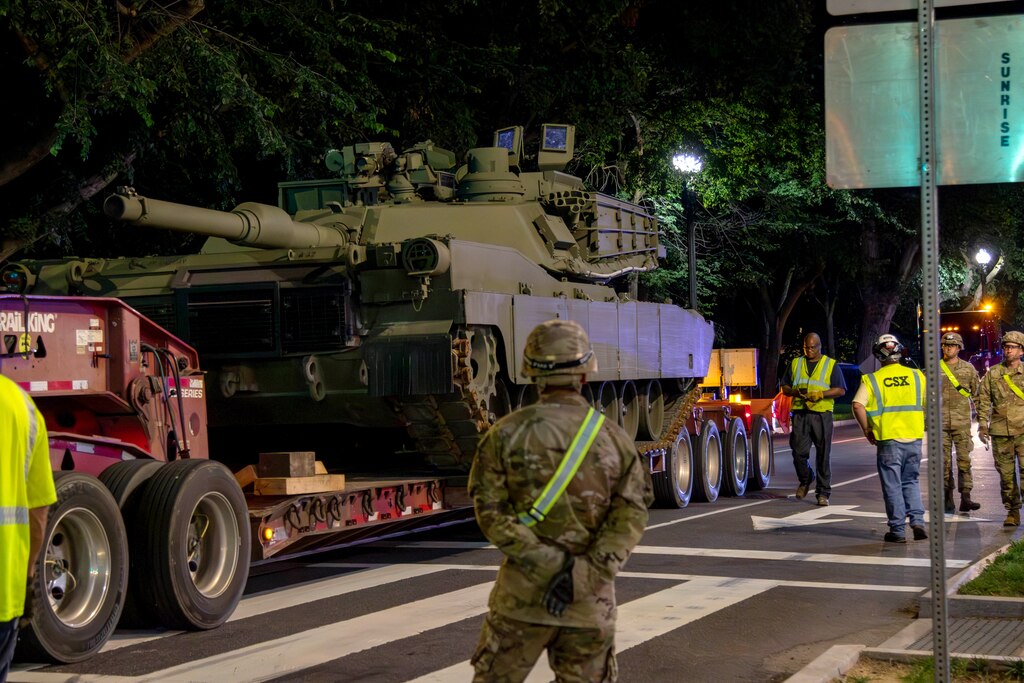 A U.S. Army M1A2 Abrams tanks arrive via semi-truck in preparation for the 250th Army Birthday Parade at West Potomac Park, Washington, D.C., June 9, 2025. The vehicles departed from Fort Cavazos, Texas, where they are assigned to various units within the 1st Cavalry Division.