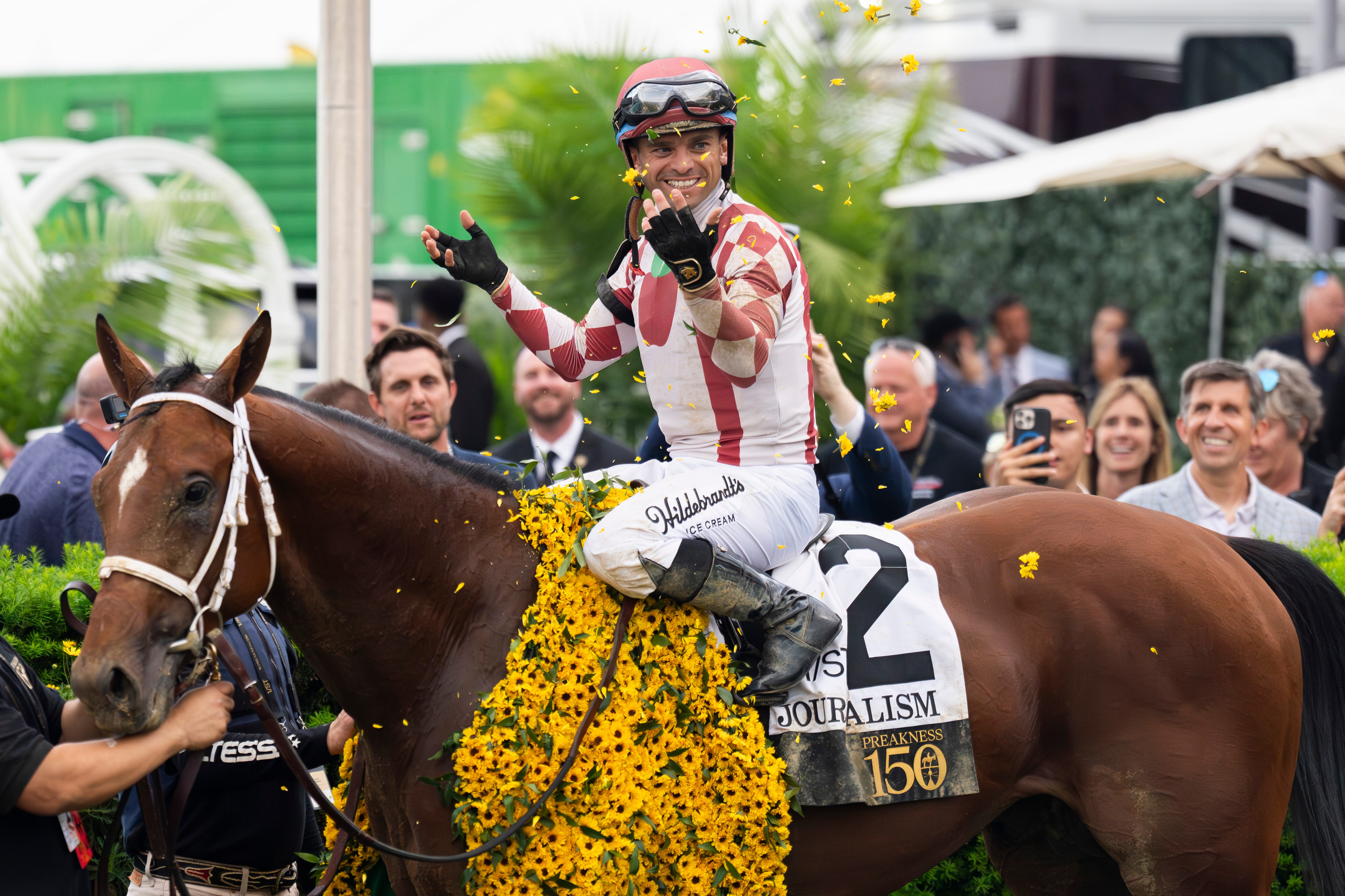 Jockey Umberto Rispoli, atop Journalism, waves to the crowd and throws flowers after winning the 150th Preakness Stakes.
