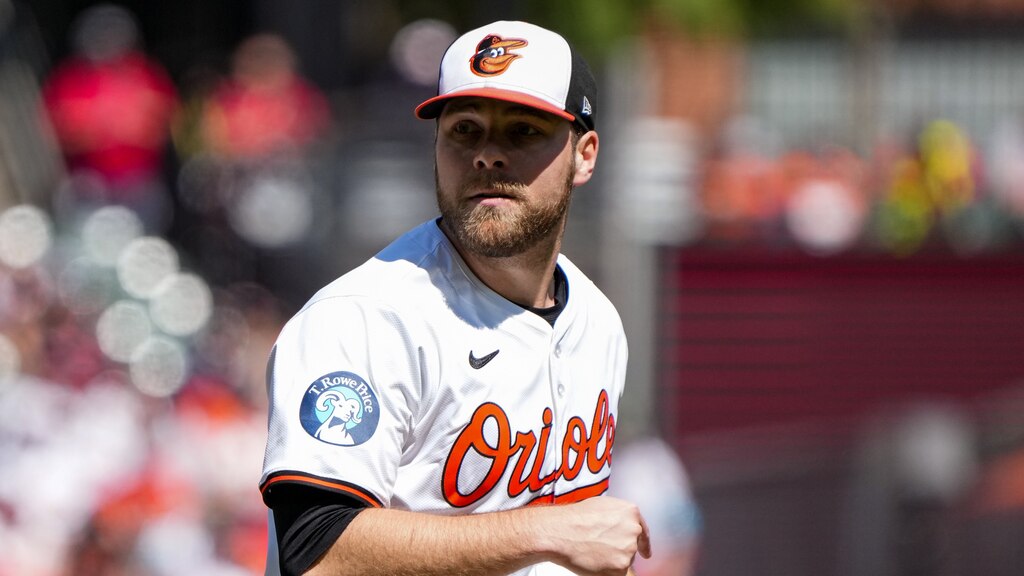 Baltimore Orioles pitcher Corbin Burnes (39) reacts after throwing a pitch during a game against the Tampa Bay Rays at Camden Yards in Baltimore on September 8, 2024.