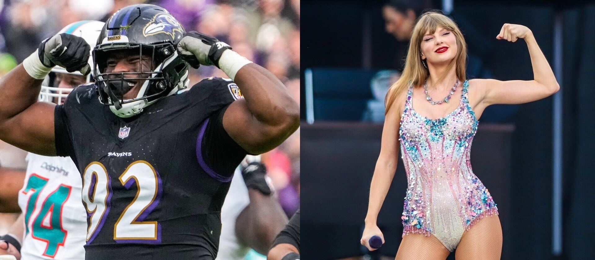 Justin Madubuike (Kylie Cooper / The Baltimore Banner) and Taylor Swift (Alyssa Howell / Handout)