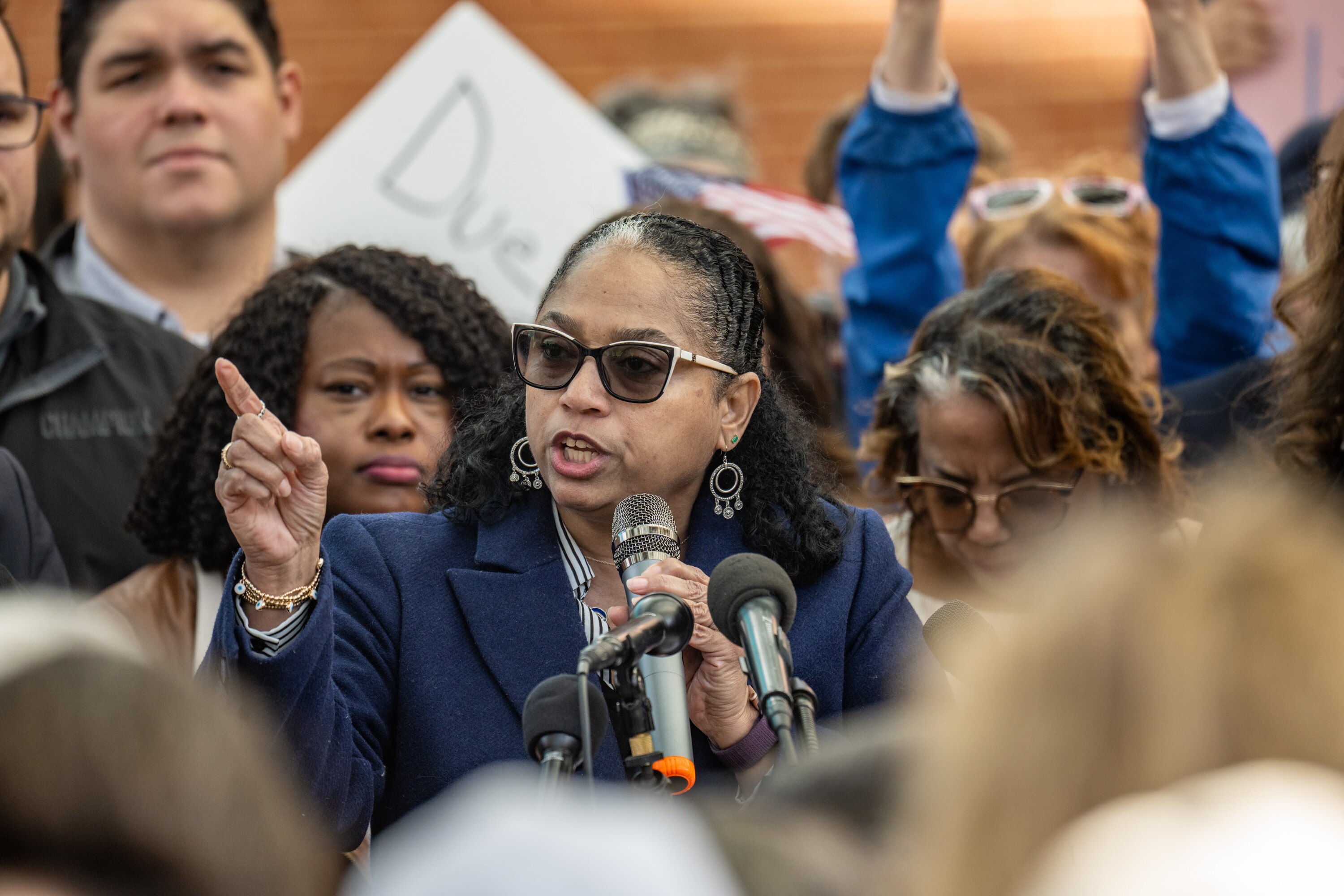 Maryland Delegate Joseline Peña-Melnyk, Dist. 21, speaks as community leaders hold a rally in Silver Spring to support Senator Chris Van Hollen’s trip to El Salvador to check on the well being of Kilmar Armando Abrego Garcia.