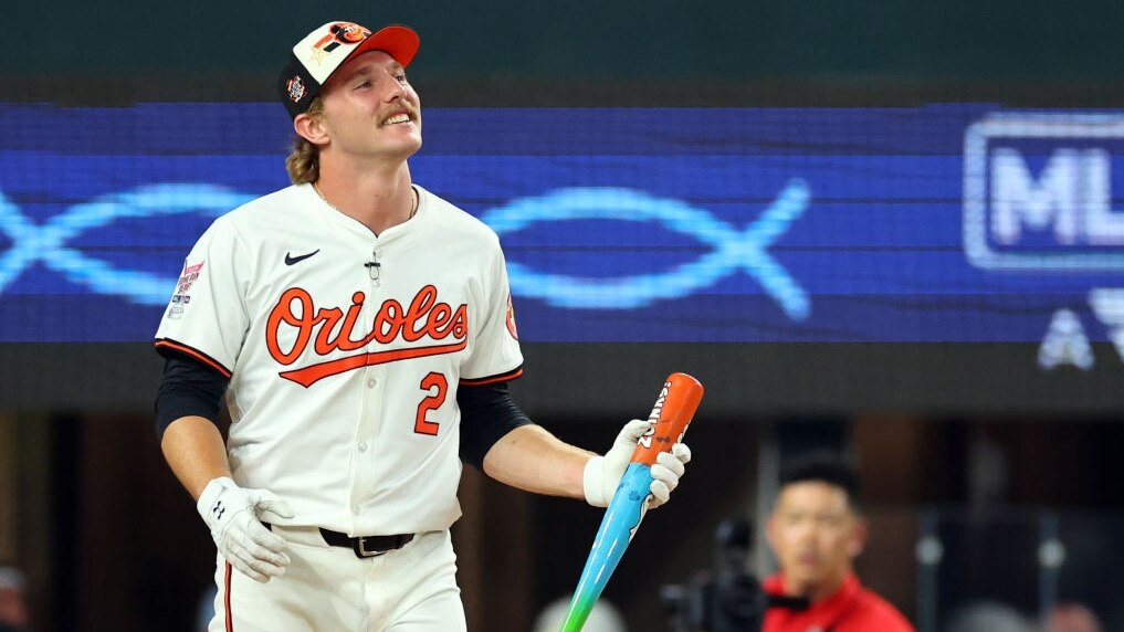 ARLINGTON, TEXAS - JULY 15: Gunnar Henderson #2 of the Baltimore Orioles reacts during the T-Mobile Home Run Derby at Globe Life Field on July 15, 2024 in Arlington, Texas.  (Photo by Stacy Revere/Getty Images)