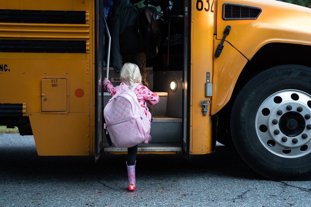 MONDAY, OCTOBER 13, 2025 — Ava Funk, 5, boards her school bus to Davidsonville Elementary School in Riva, MD.