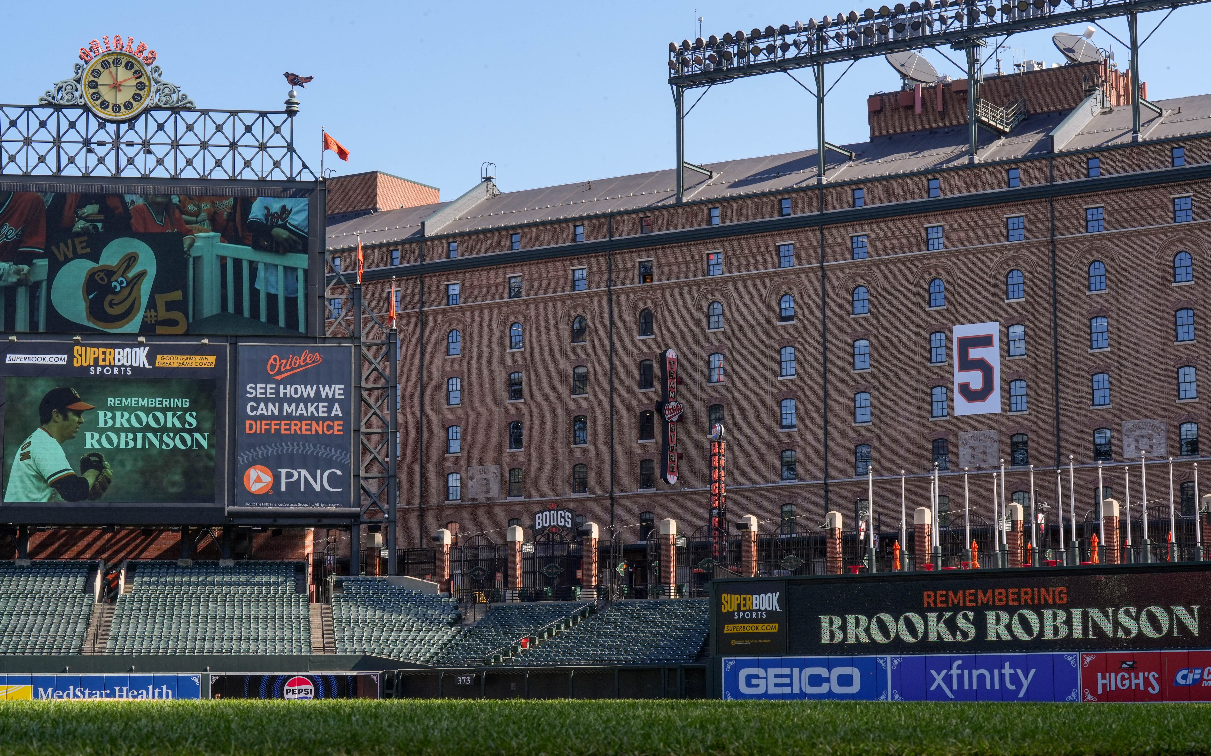 The late Brooks Robinson is honored at a memorial ceremony inside Oriole Park at Camden Yards on Monday, Oct. 2, 2023. The Orioles icon and National Baseball Hall of Fame third baseman died last week at 86.