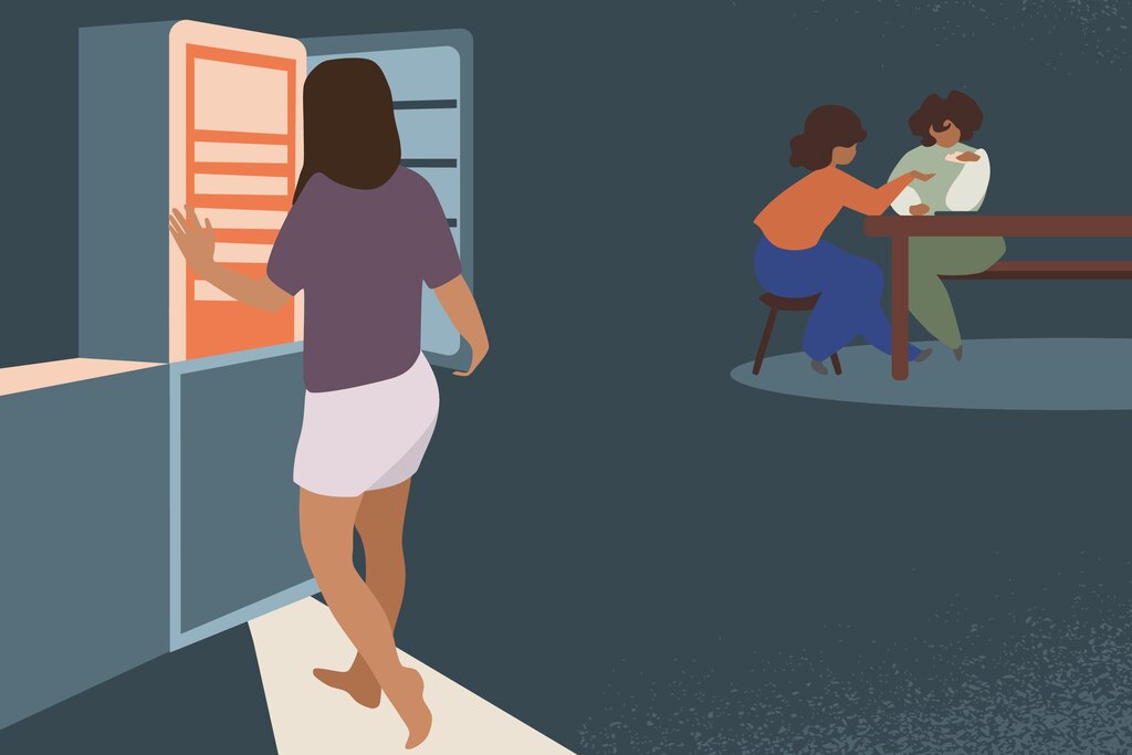 An illustration of a mother looking into an empty refrigerator with children in the background.